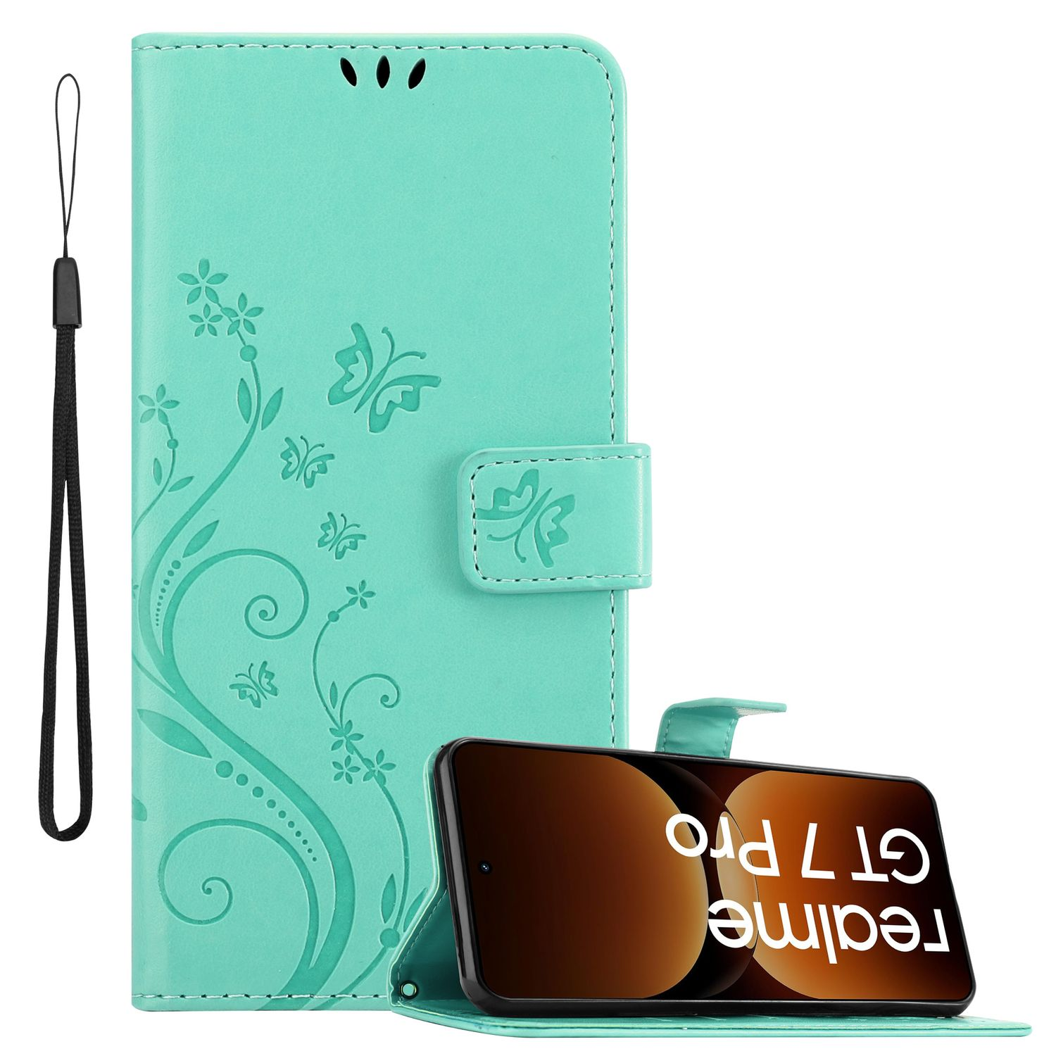 Eine türkisblaue Handyhülle mit floralen Designs und einem Telefon darin. Auf dem Telefon steht "realme GT 7 Pro".