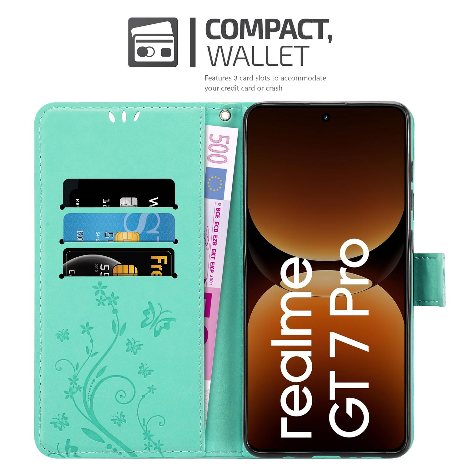 Smartphone in türkisblauem Wallet-Case, mit Karten und Bargeld sichtbar.