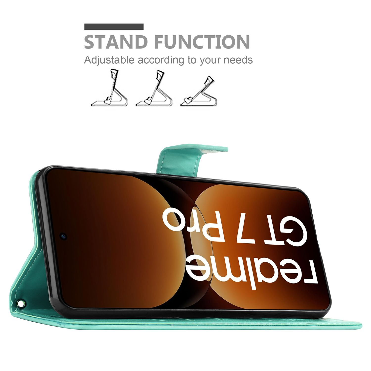 Türkisfarbene Handyhülle offen, Telefonbildschirm zeigt Text. Standfunktion. Einstellbar.