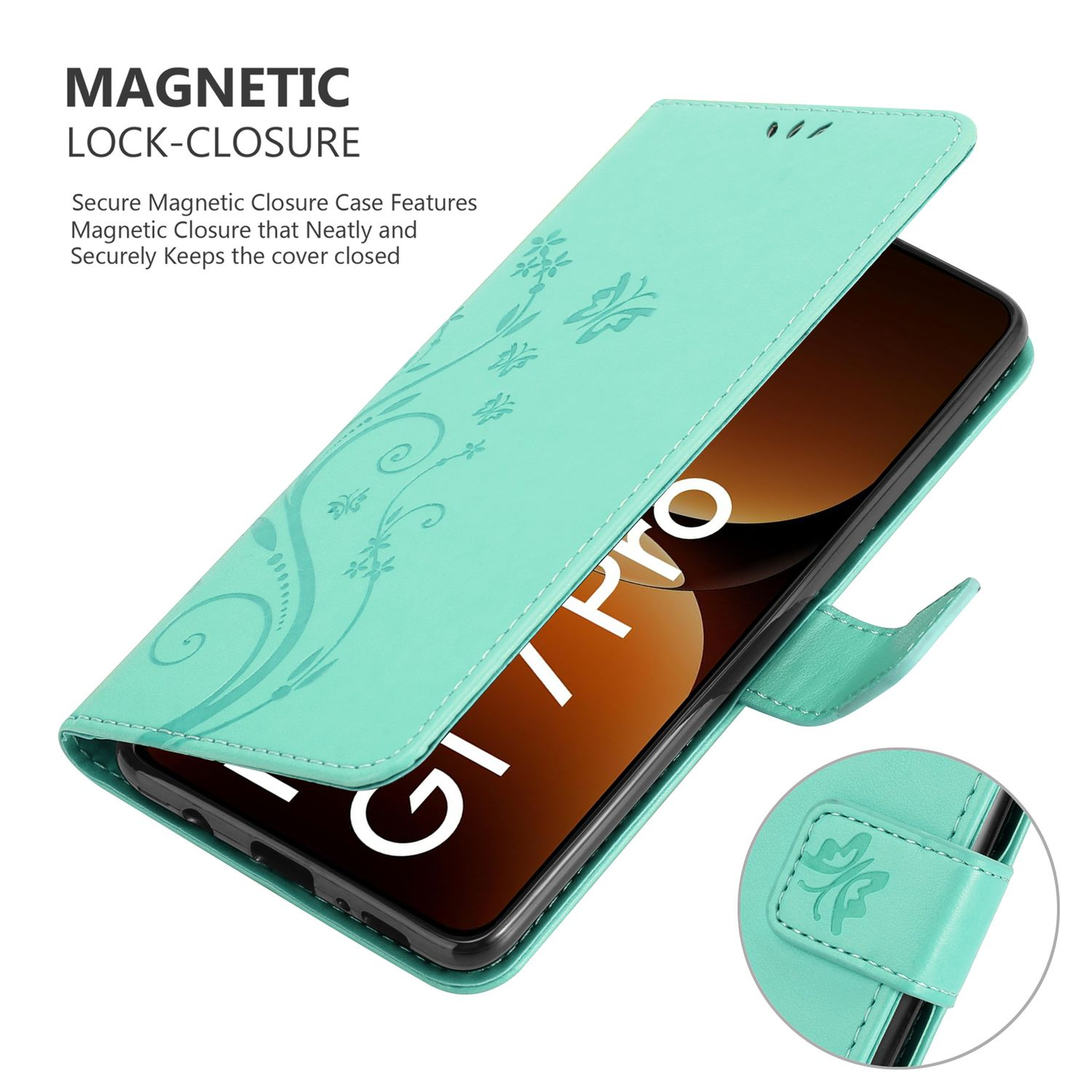 Eine mintgrüne Handyhülle mit floralem Design. Sie ist geöffnet und zeigt ein Telefon. Der Hintergrund ist weiß.