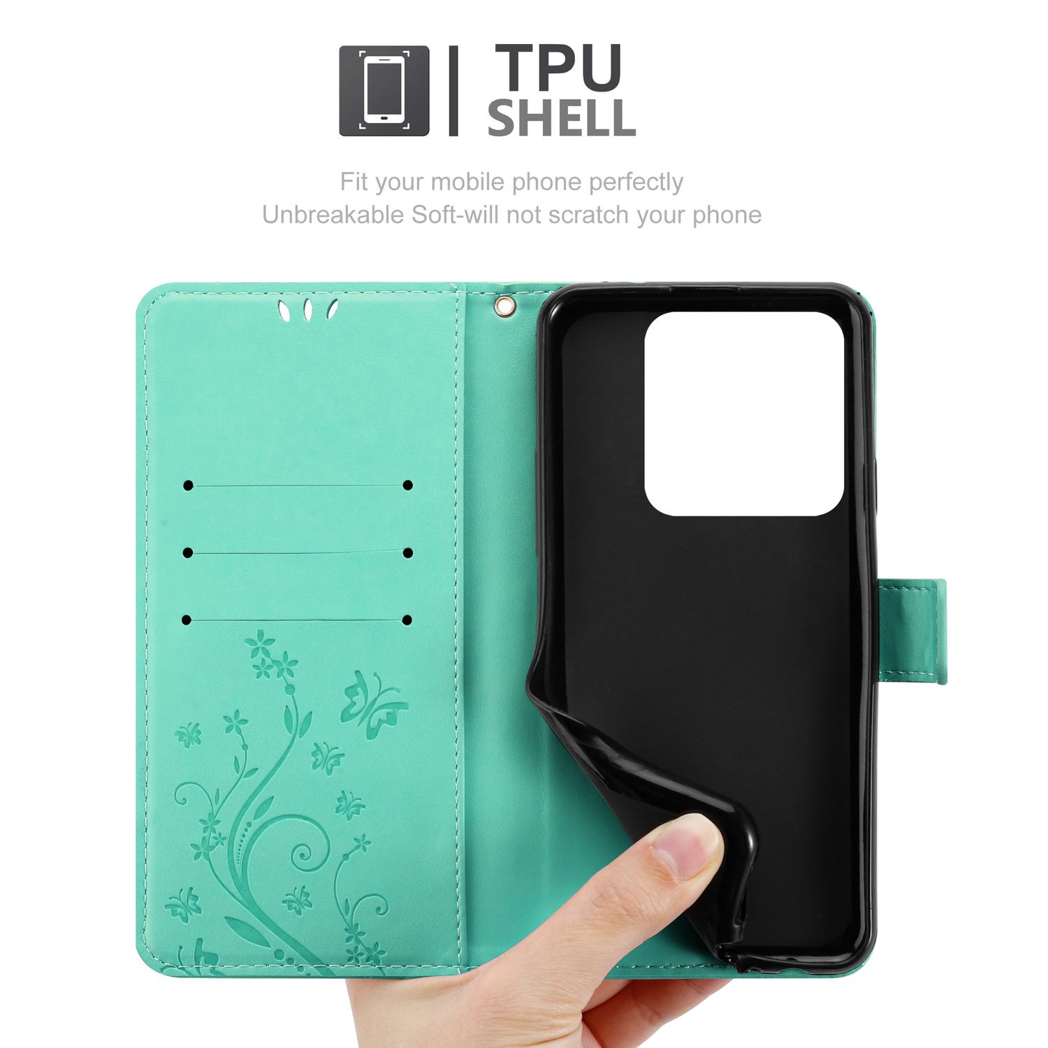 Türkisfarbene Handyhülle, geöffnet, um das Telefon zu zeigen, mit floralem Design und Hand.