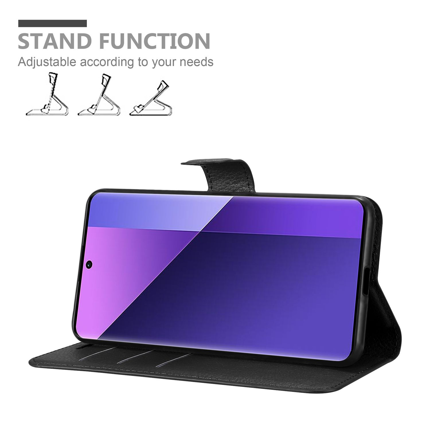 Eine schwarze Handyhülle mit einem Telefon darin, unterstützt durch eine Standfunktion.