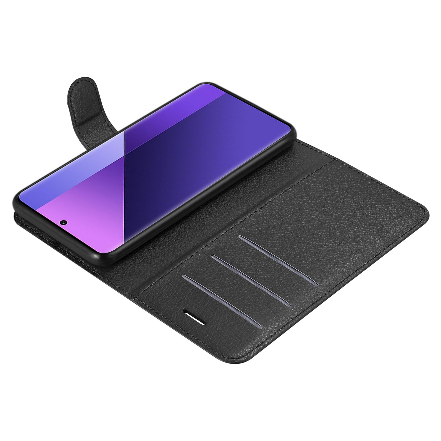 Schwarze Leder-Handyhülle, offen, mit Telefon und Kartenfächern.