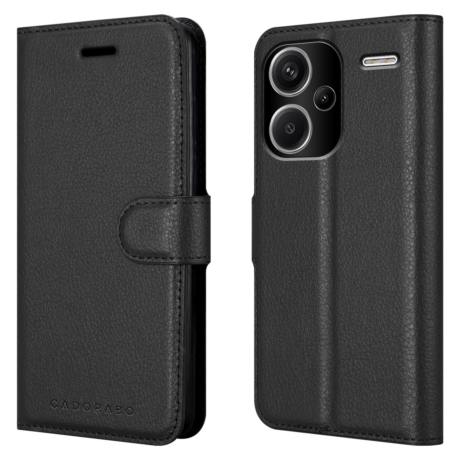 Schwarze Leder-Handyhülle, zwei Ansichten: geschlossen und offen, zeigt das Telefon.