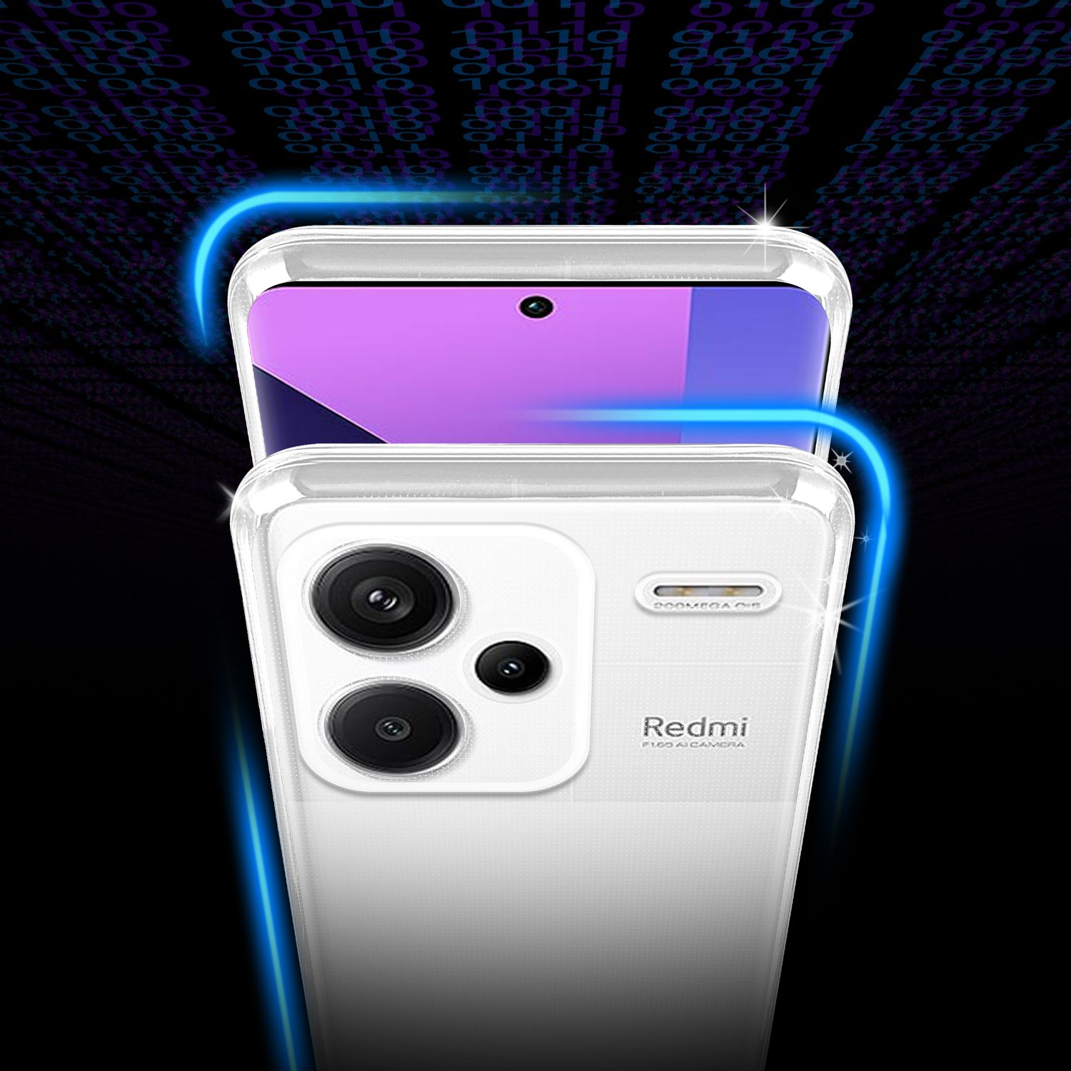 Weißes Telefon mit klarer Hülle. Das Telefon wird von hinten und vorne gezeigt.