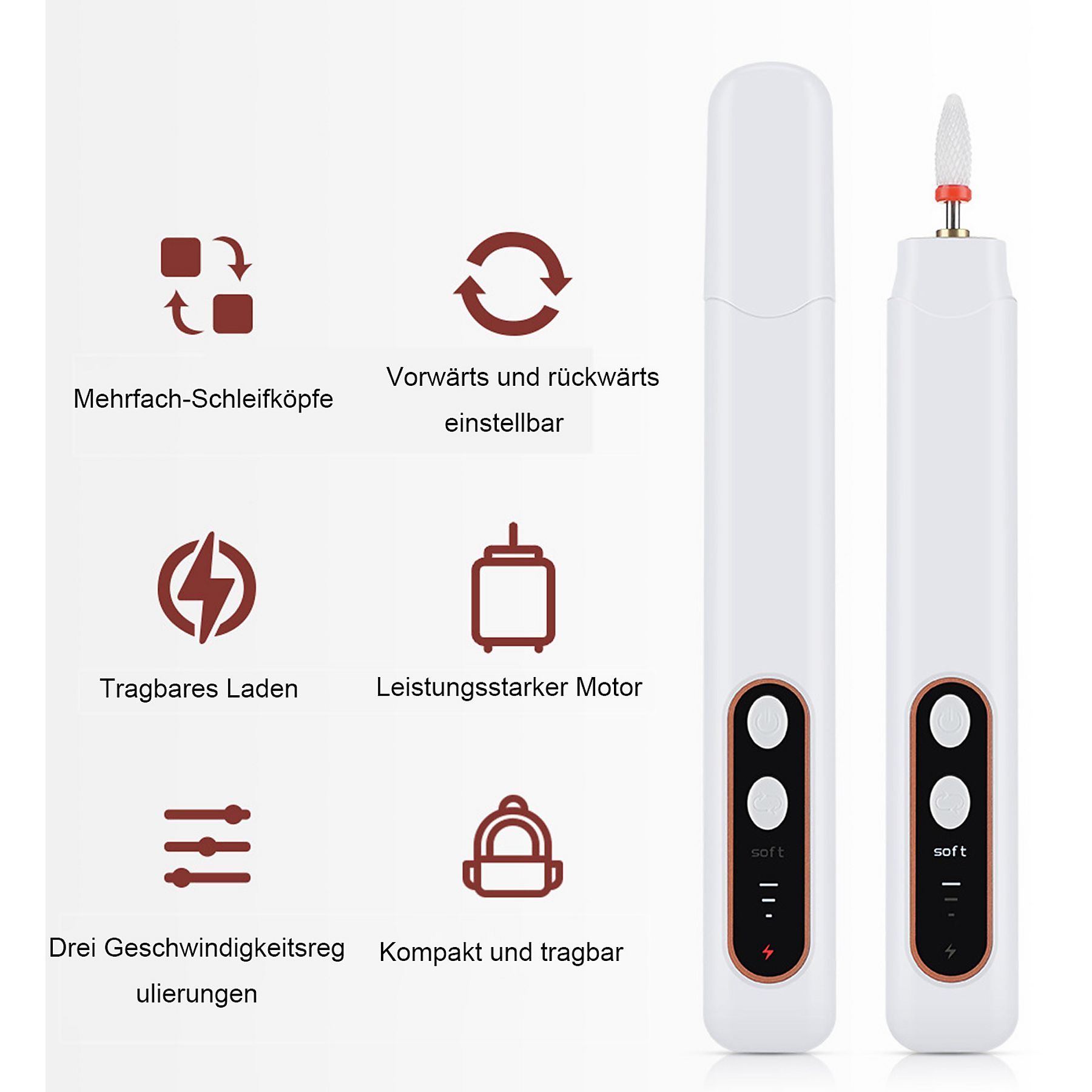 Weißer elektrischer Nagelbohrer mit Zubehör. Text beschreibt die Funktionen des Produkts.