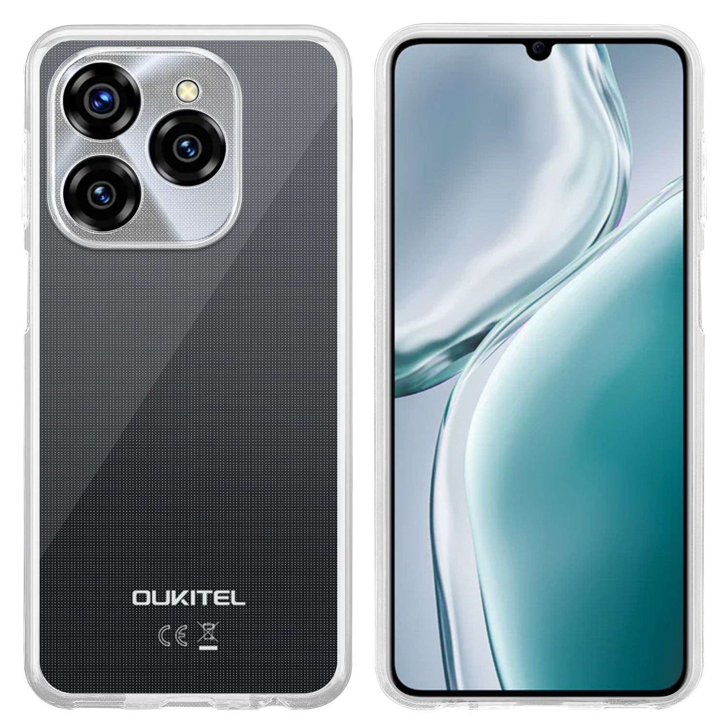 Smartphone in durchsichtiger Hülle. Rückseite mit Kameras, Bildschirm zeigt unscharfes Bild.