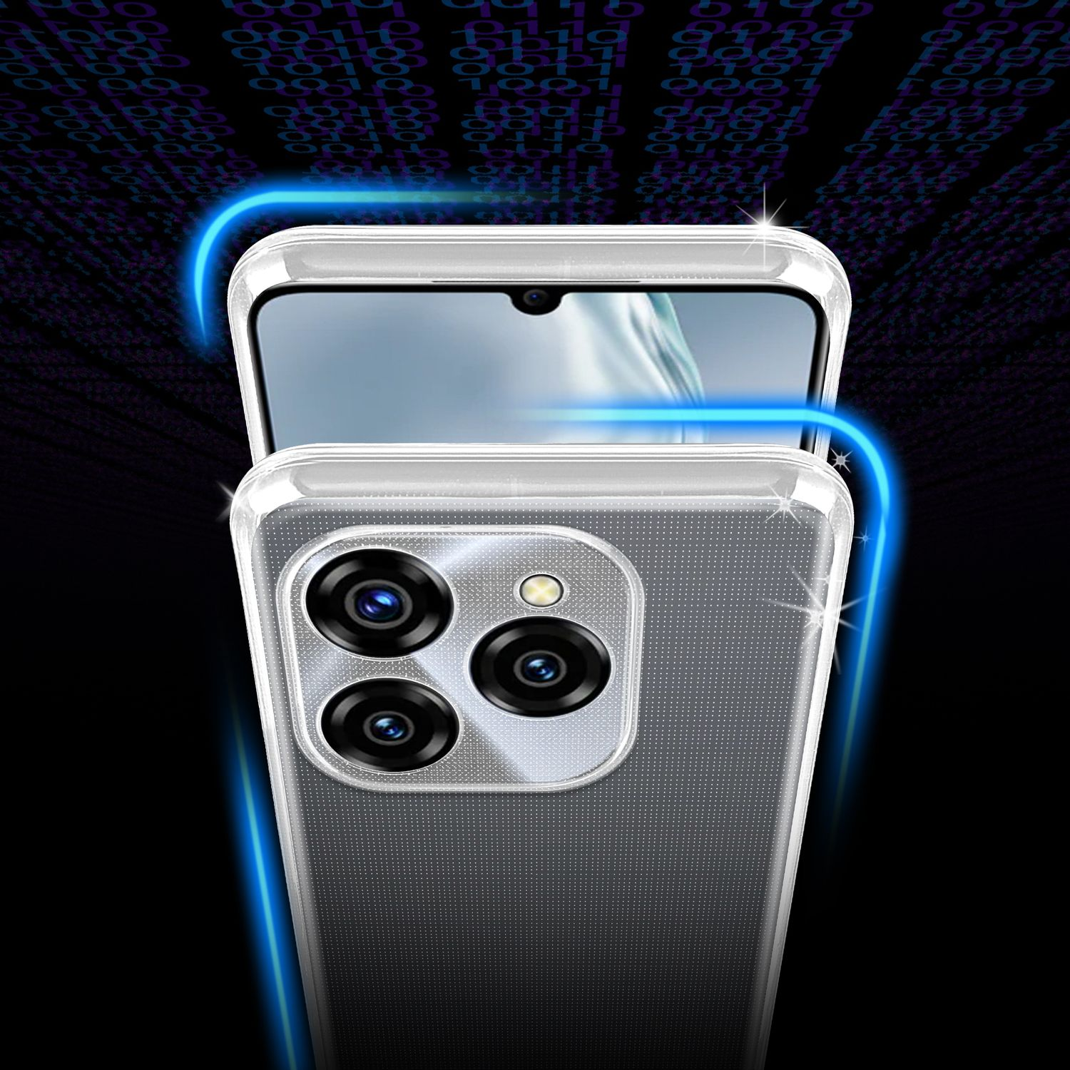 Transparente Handyhülle auf einem Telefon mit drei Kameras. Das Telefon vor digitalem Hintergrund.
