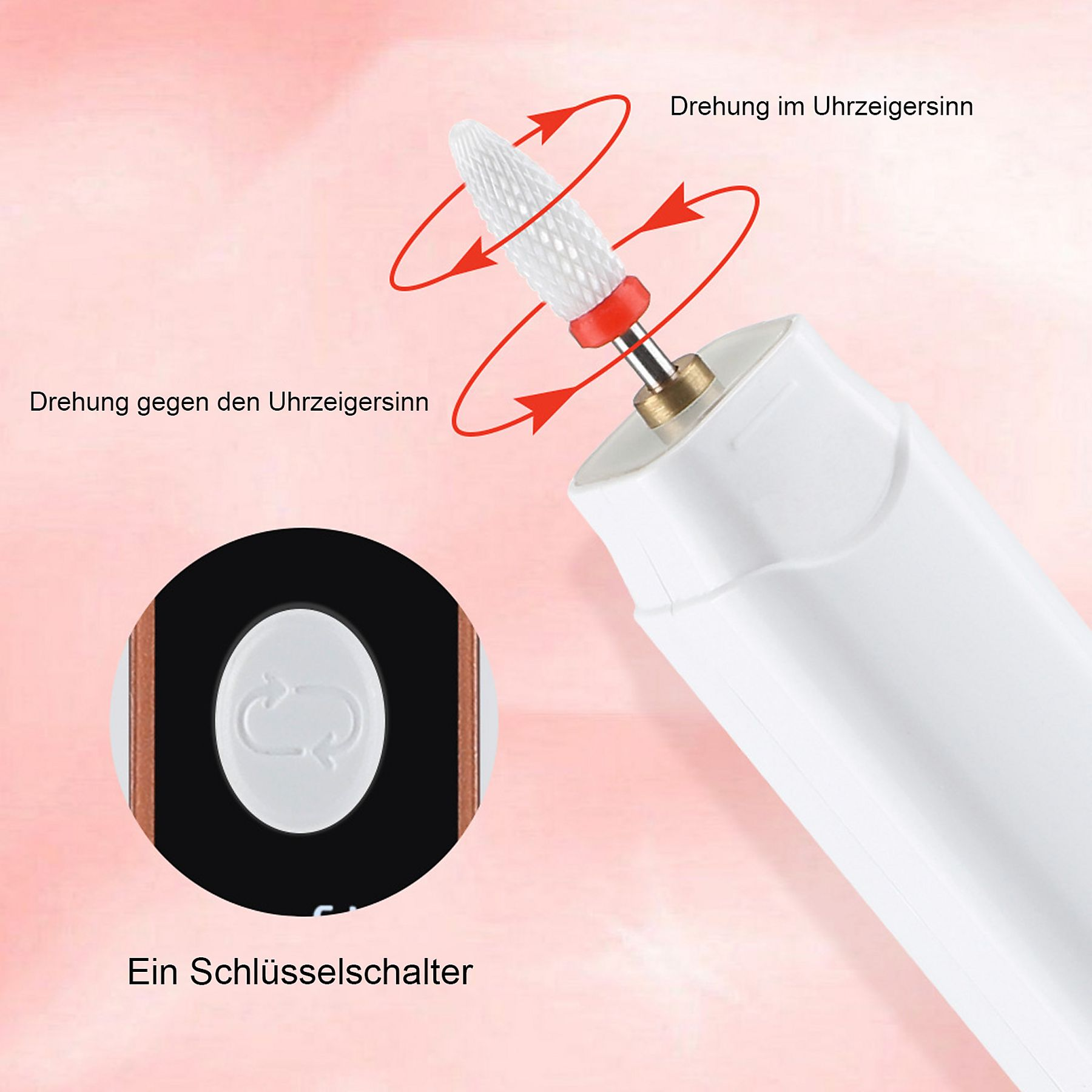 Nahaufnahme eines weißen Nagelbohrers mit Pfeilen, die die Drehrichtung zeigen.