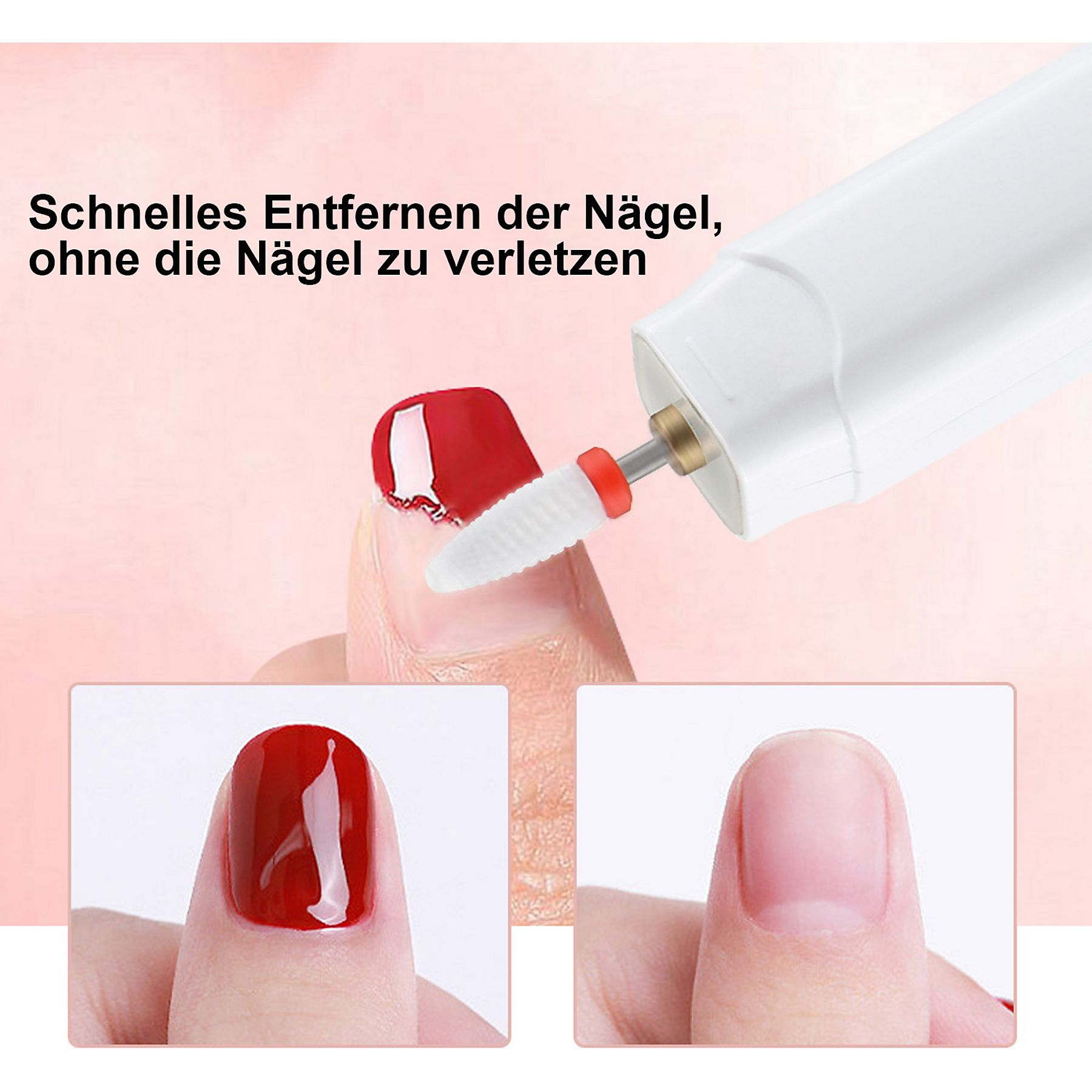 Nahaufnahme einer Nagelbearbeitung mit einem Nagelbohrer. Zwei Nägel werden gezeigt: einer mit rotem Lack, der andere blank.