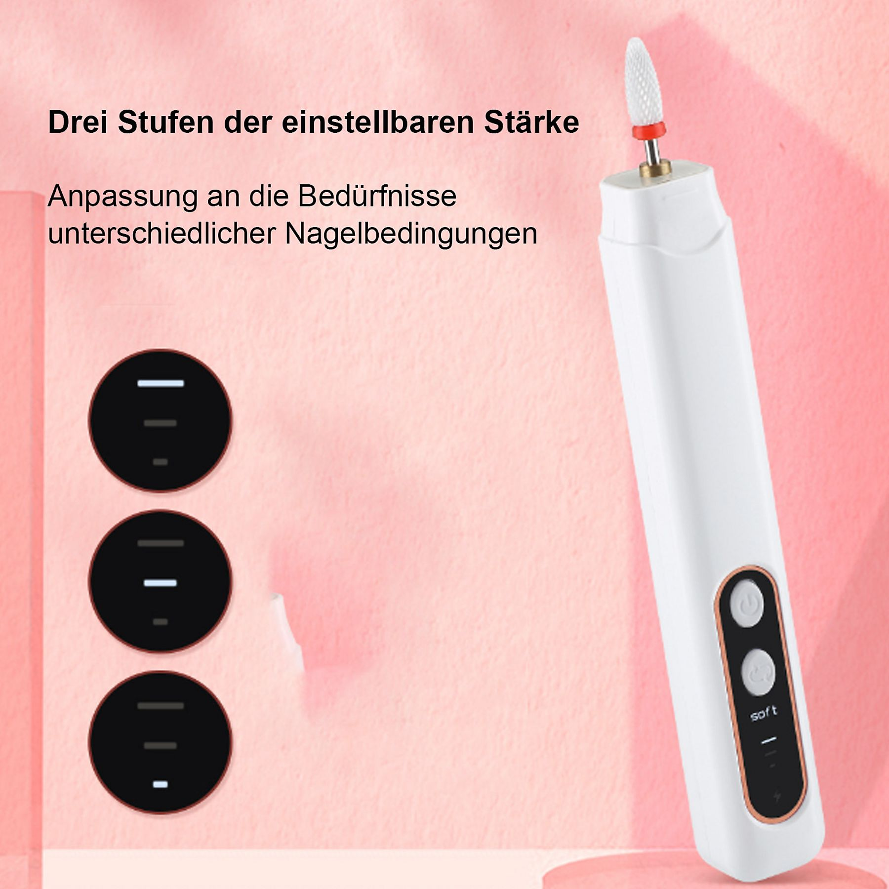 Weißer Nagelfräser mit drei Leistungseinstellungen und einem Bohrer.