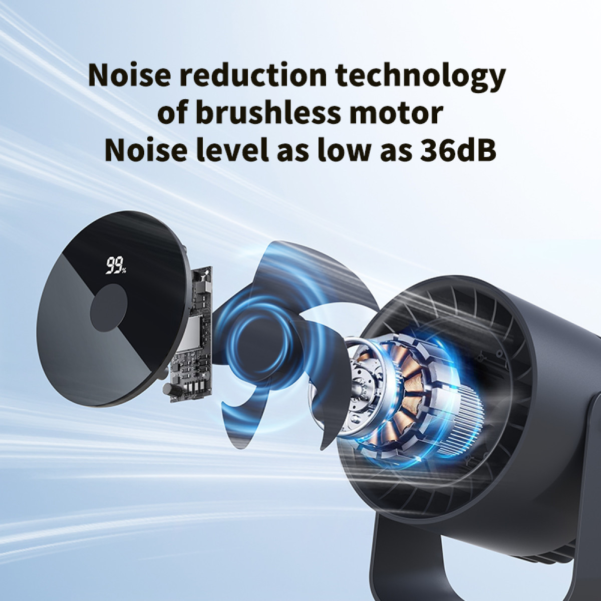 Cutaway view of a black fan showing the internal components and text about noise reduction technology.