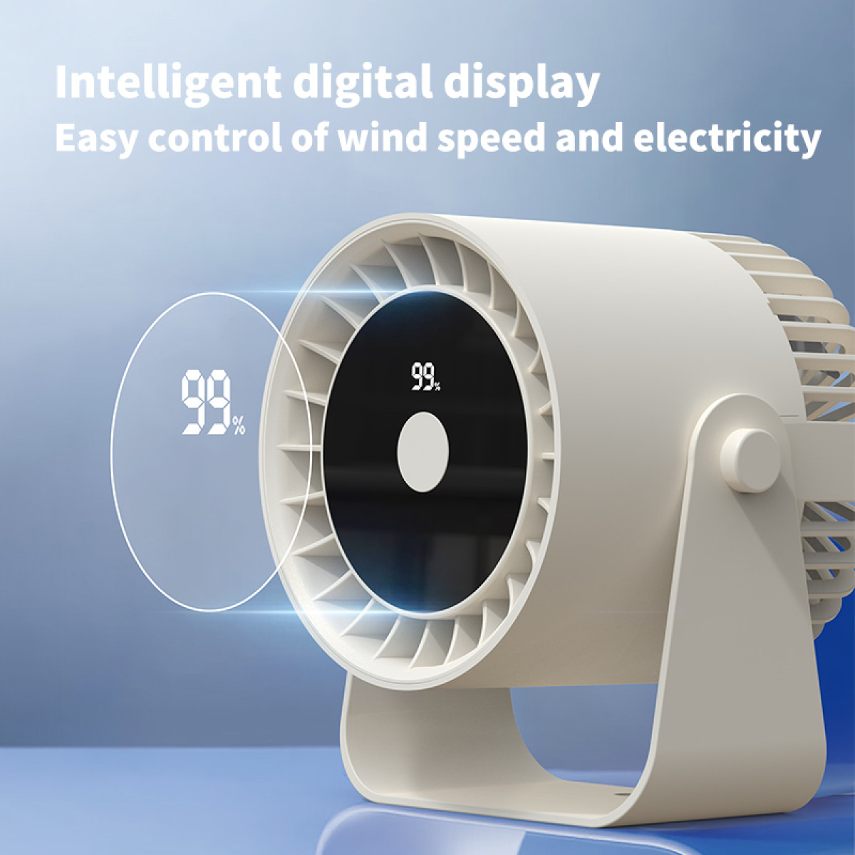 A white fan with a digital display showing 99%, placed on a blue surface.