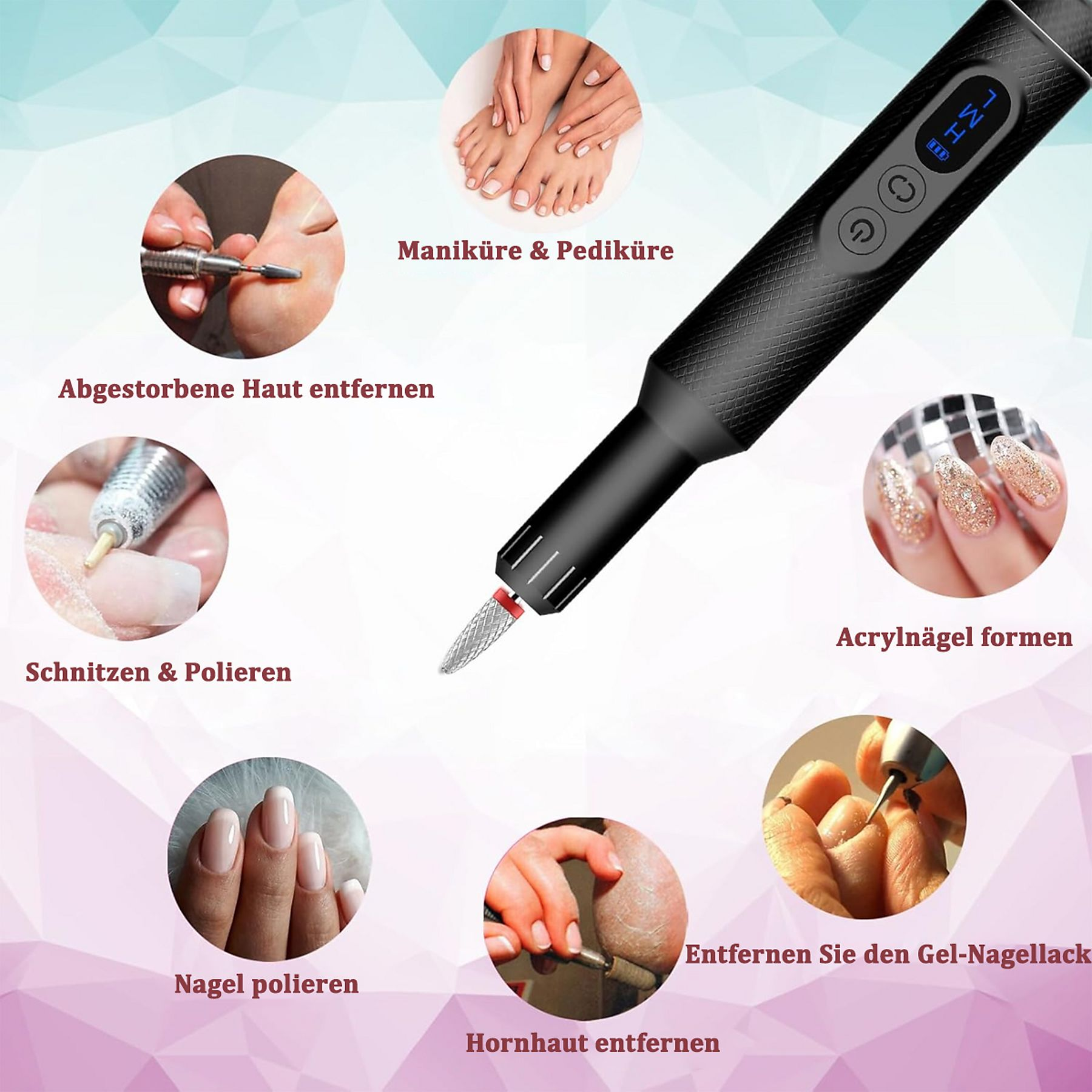 Ein Nagelpflege-Werkzeug mit verschiedenen Aufsätzen wird gezeigt. Es hat einen schwarzen Griff und verschiedene Anwendungen.