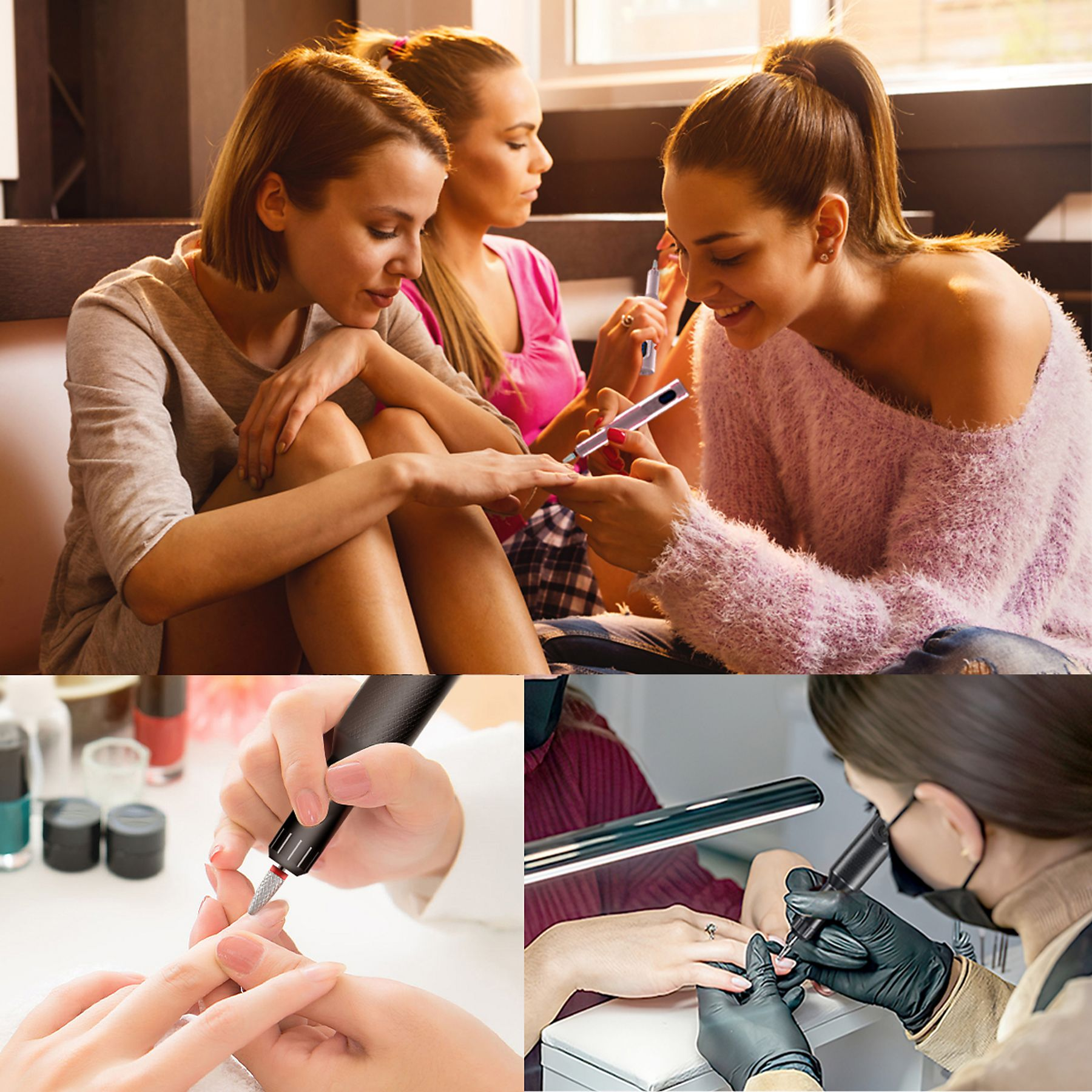 Frauen geben sich gegenseitig Maniküren, Nahaufnahme von Nagelpflege-Werkzeugen und -Prozess.