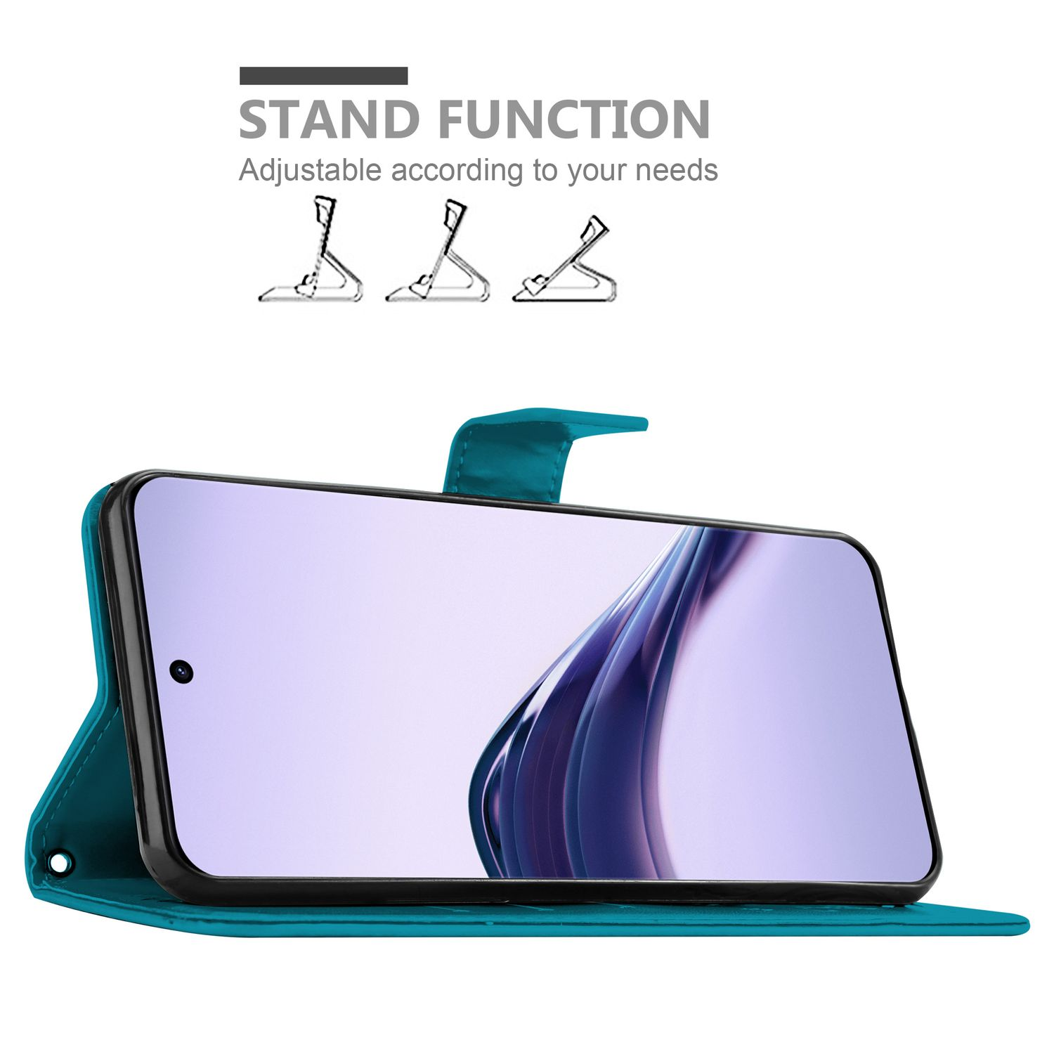 Eine türkisfarbene Handyhülle mit einem Telefon darin, die verstellbaren Standfunktionen mit hellem Hintergrund zeigt.