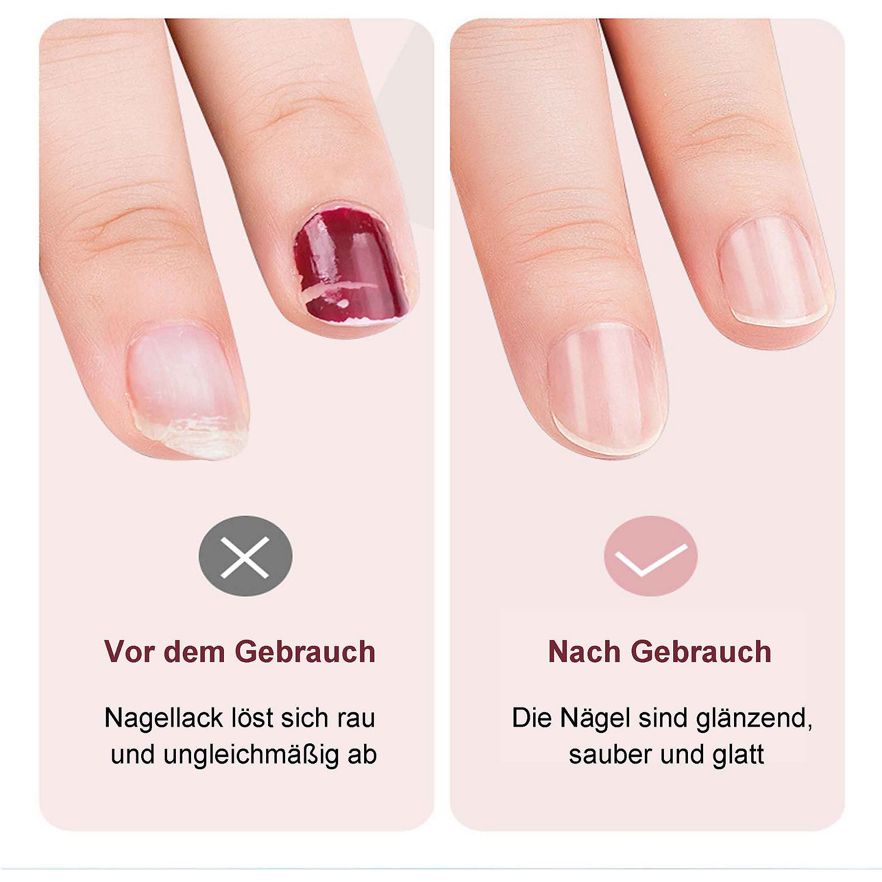 Vorher-Nachher-Nagelpflege. Eine Hand mit abgesplittertem Lack, die andere mit sauberen, glänzenden Nägeln.