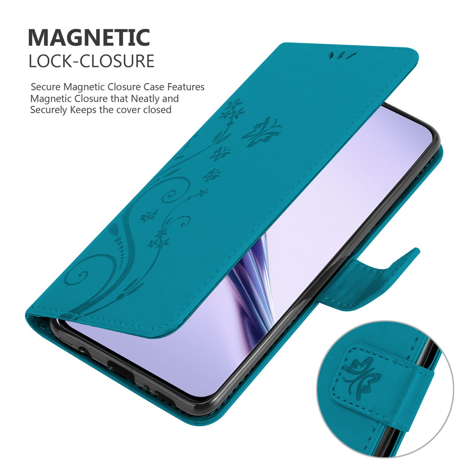 Türkisfarbene Handyhülle, geöffnet, mit einem Telefon. Blumenmuster auf dem Cover und Magnetverschluss.