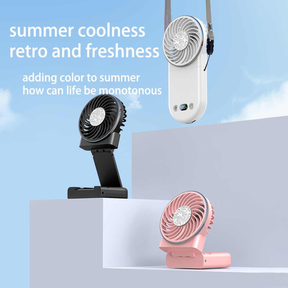 Three portable fans in white, black, and pink on a light blue surface.