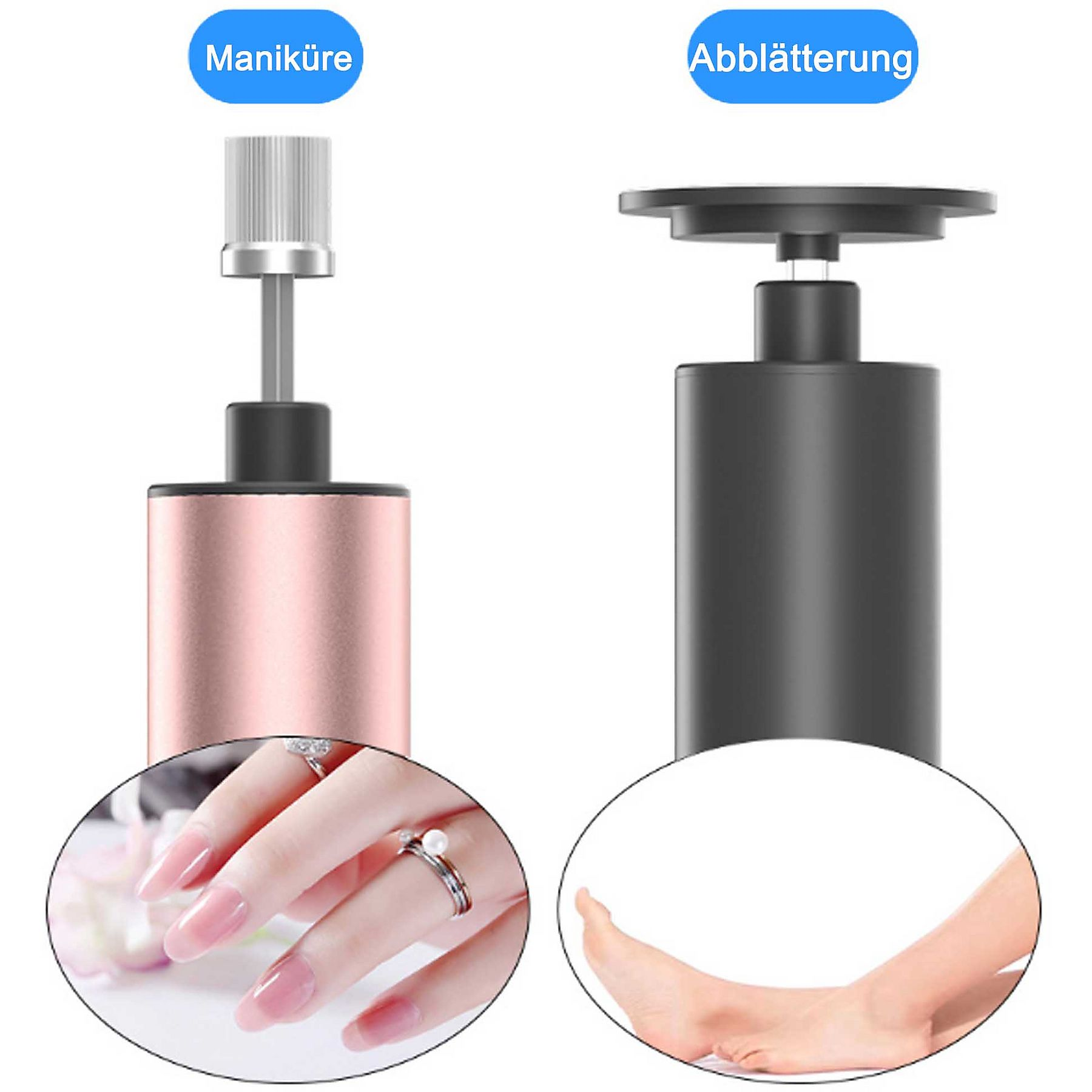 Zwei Nagelwerkzeuge: rosa Maniküre und schwarze Fußexfoliation, mit Bildern.