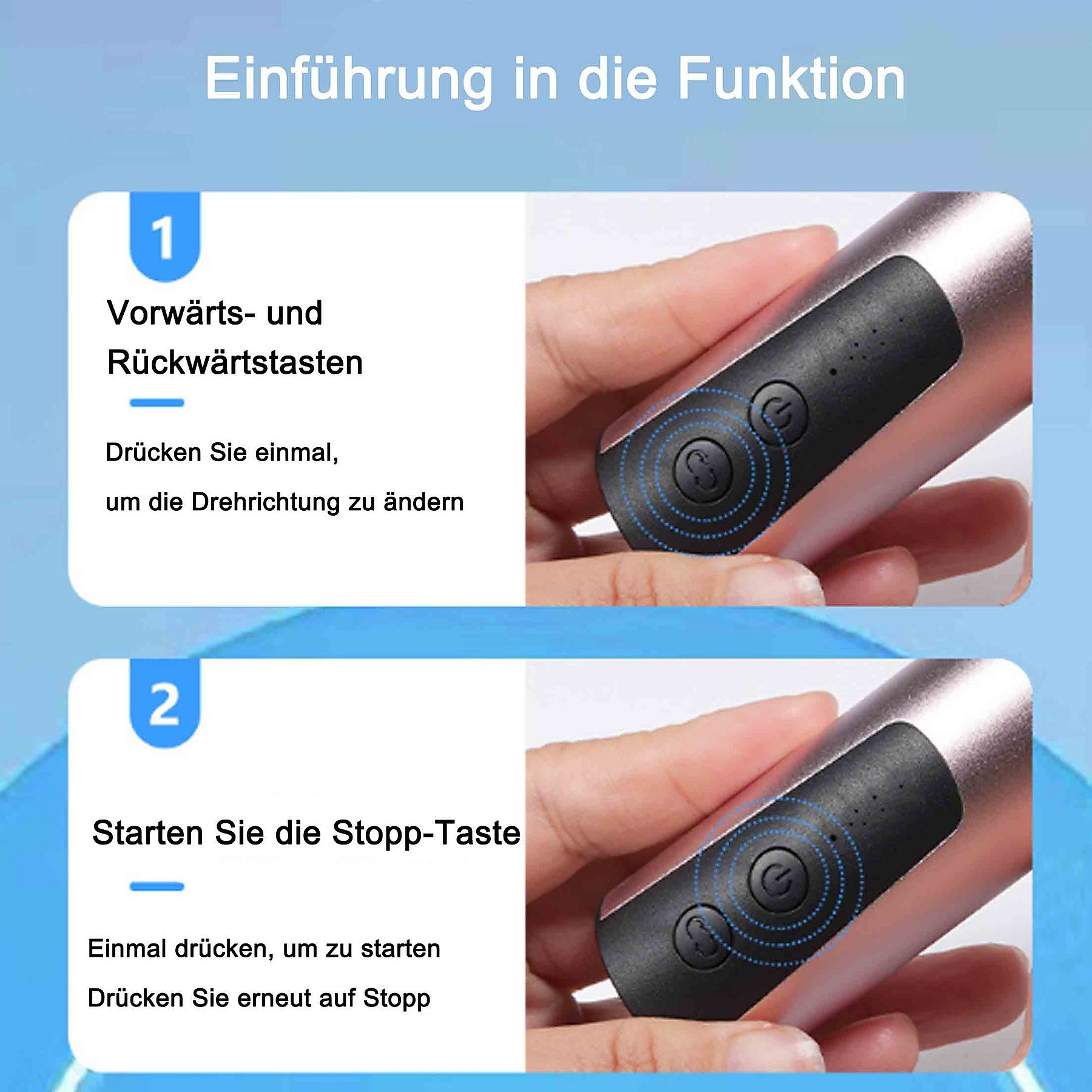 Diagramm mit Vorwärts- und Rückwärtstasten sowie Start/Stopp-Taste auf einem Gerät.