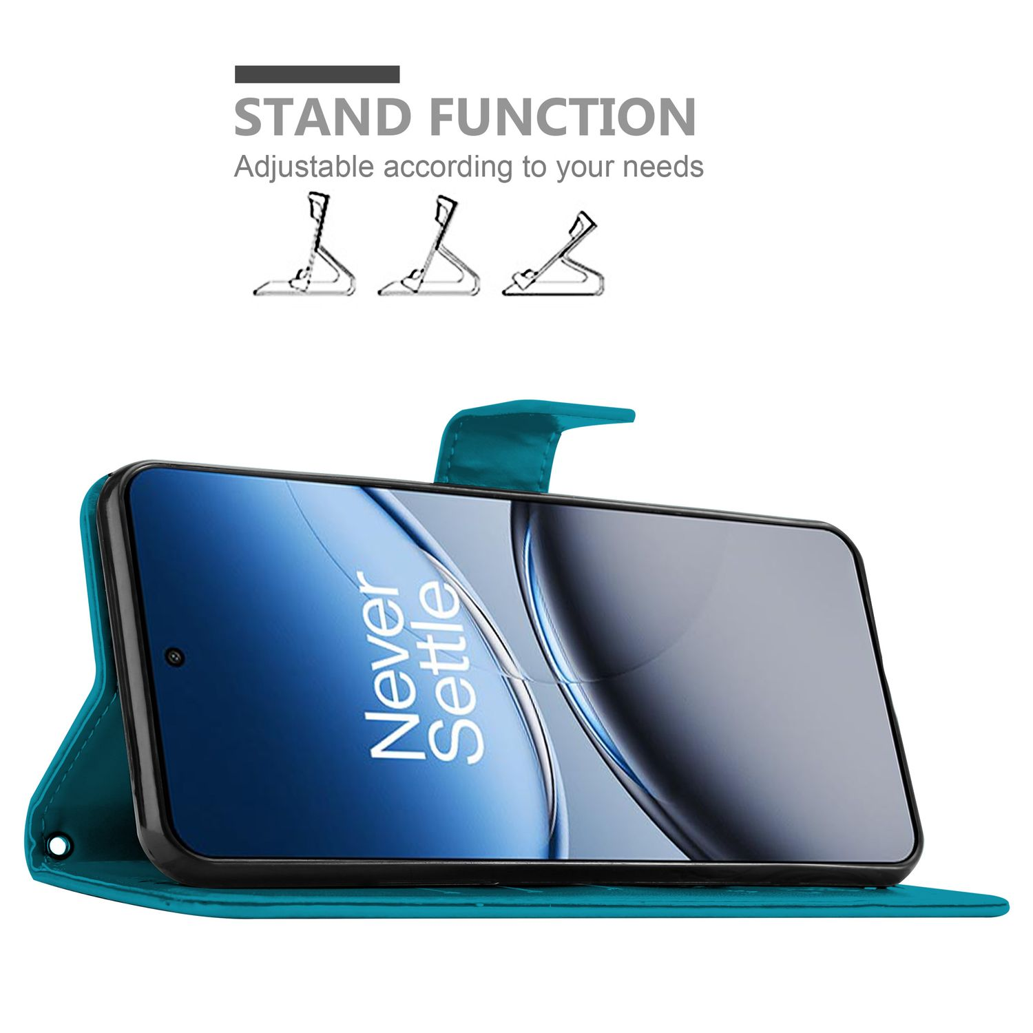 Eine türkisfarbene Handyhülle mit einem Telefon, auf dem die Worte 'Never Settle' stehen.