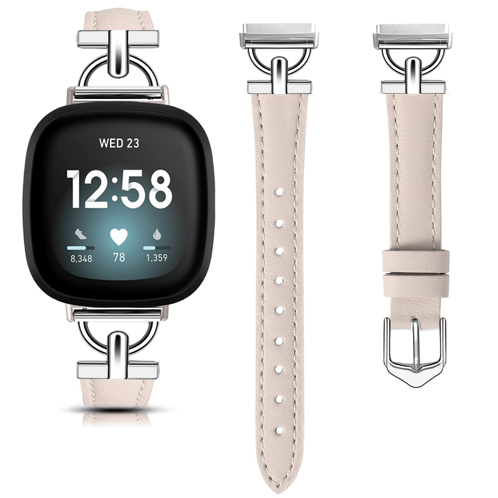 Eine Smartwatch mit beigem Lederarmband. Die Uhr zeigt Datum und Gesundheitsmetriken. Weißer Hintergrund.