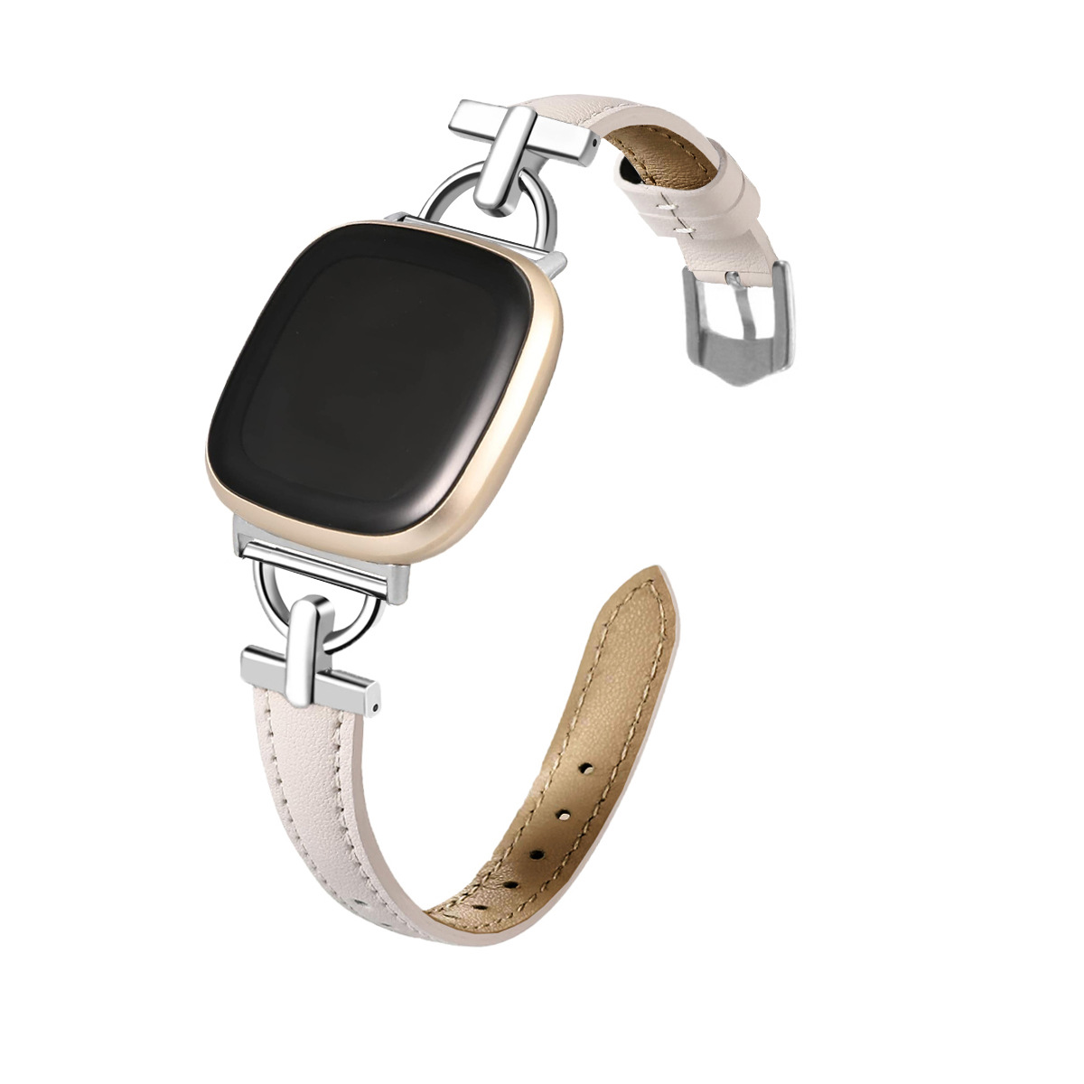 Smartwatch mit cremefarbenem Armband. Goldener Rahmen. Nahaufnahme der Uhr. Weißer Hintergrund.