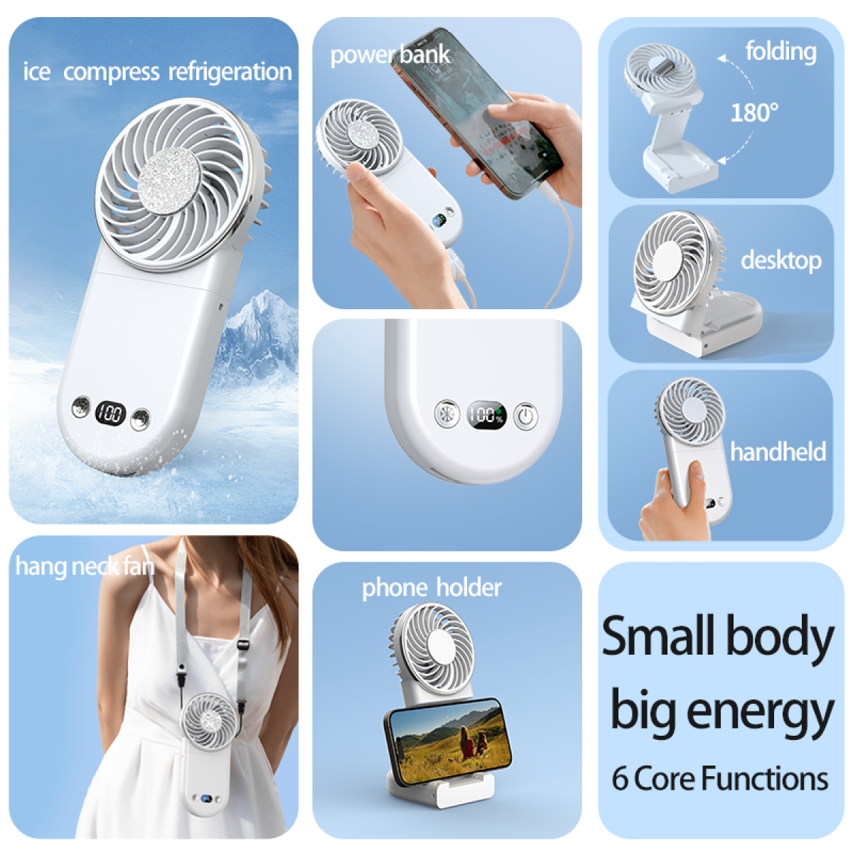 White portable fan with multiple images showing its different uses and features.
