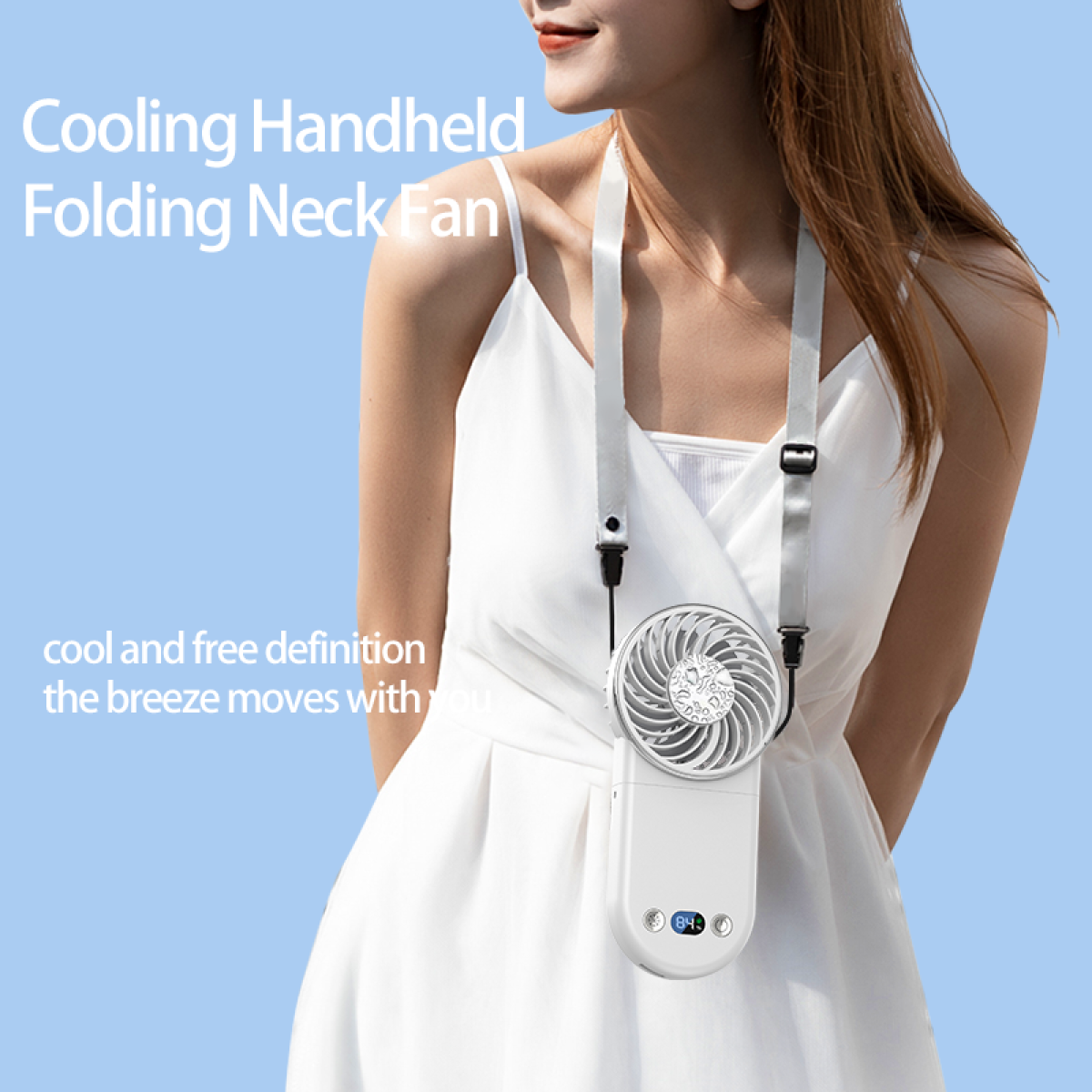Woman wearing white neck fan with white strap.