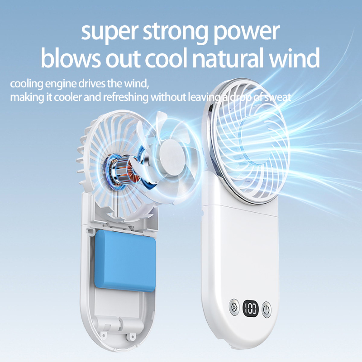 A white portable fan with two blades and a digital display. The fan is shown with an open design.