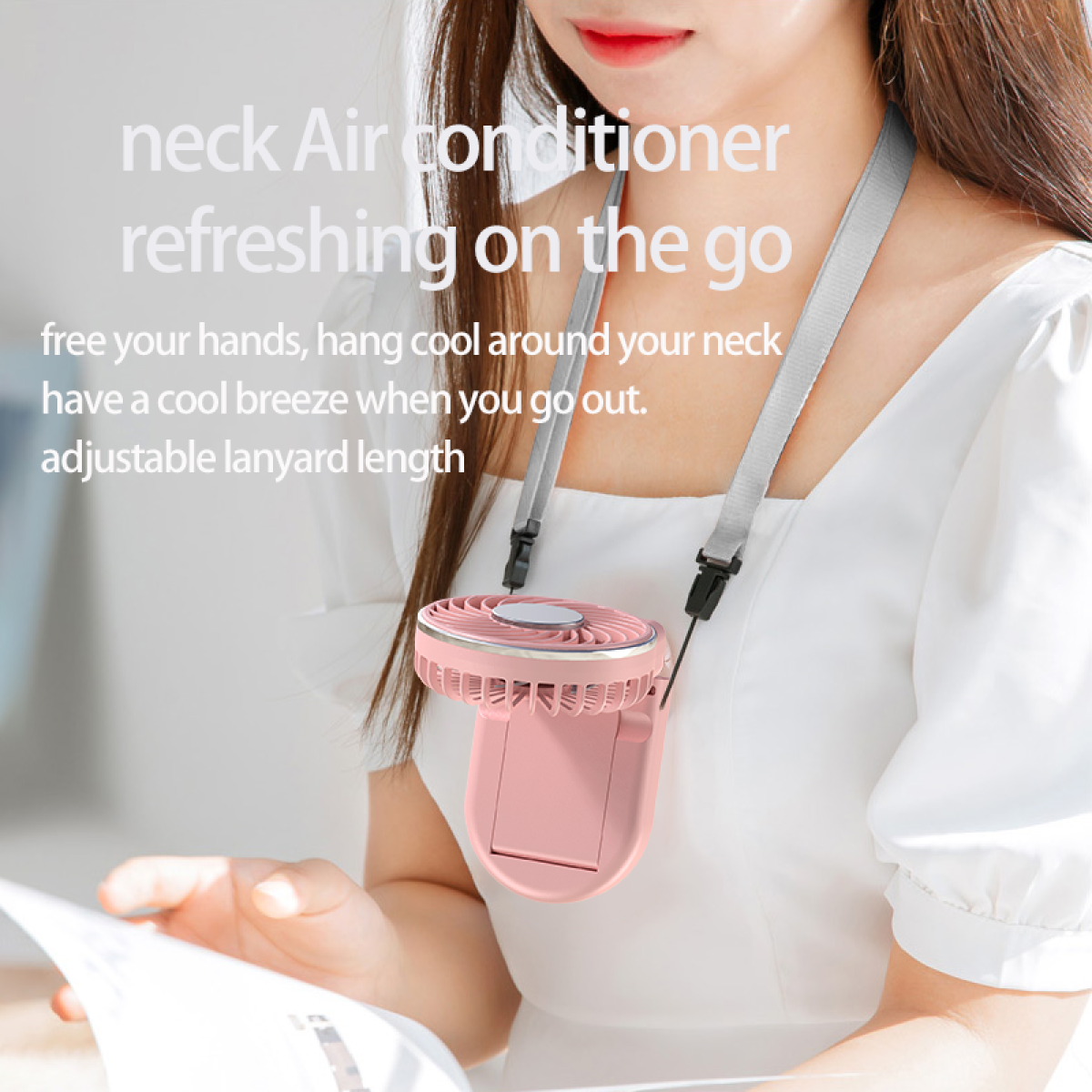A woman wearing a pink neck air conditioner. Text: 'neck Air conditioner refreshing on the go'.