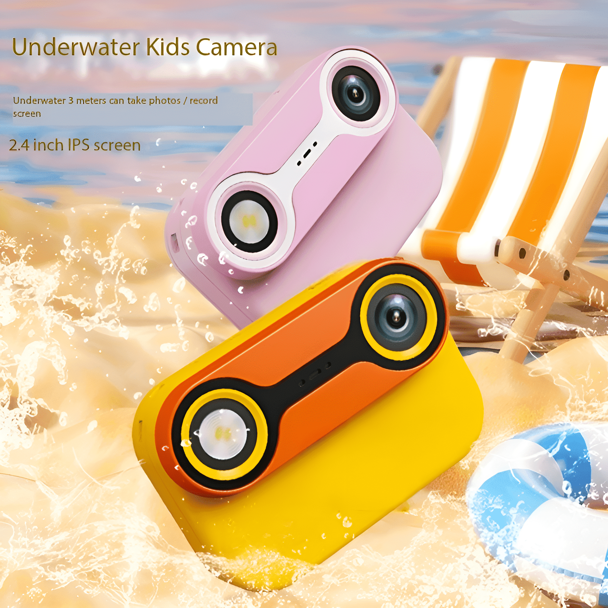 Zwei Unterwasserkameras, rosa und gelb, an einem sandigen Strand mit einem Strandstuhl und Wasserspritzern.