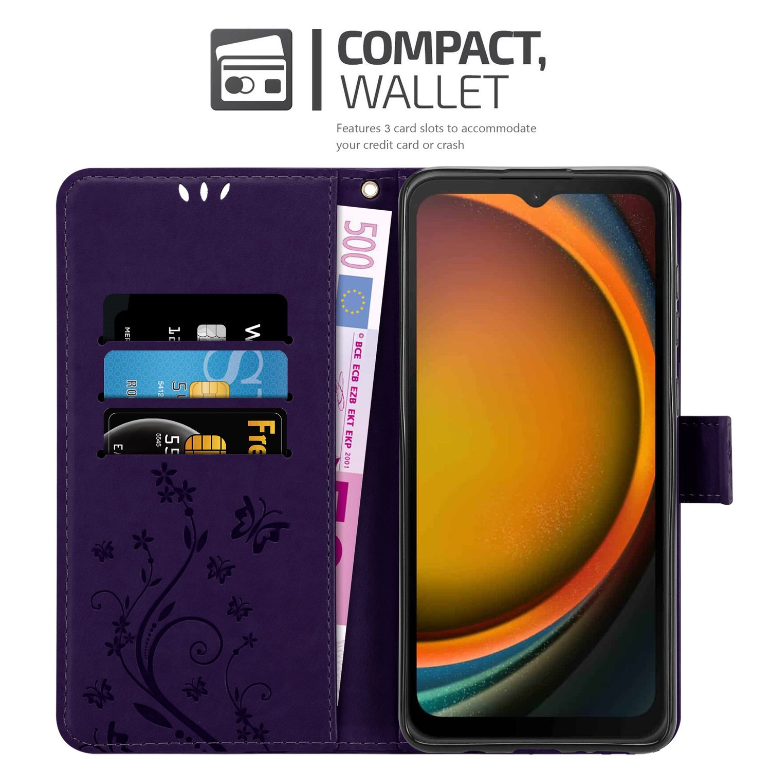 Ein lila Telefon-Wallet mit Kartenfächern und Geld. Das Telefon ist darin. Das Etikett lautet 'COMPACT, WALLET'.