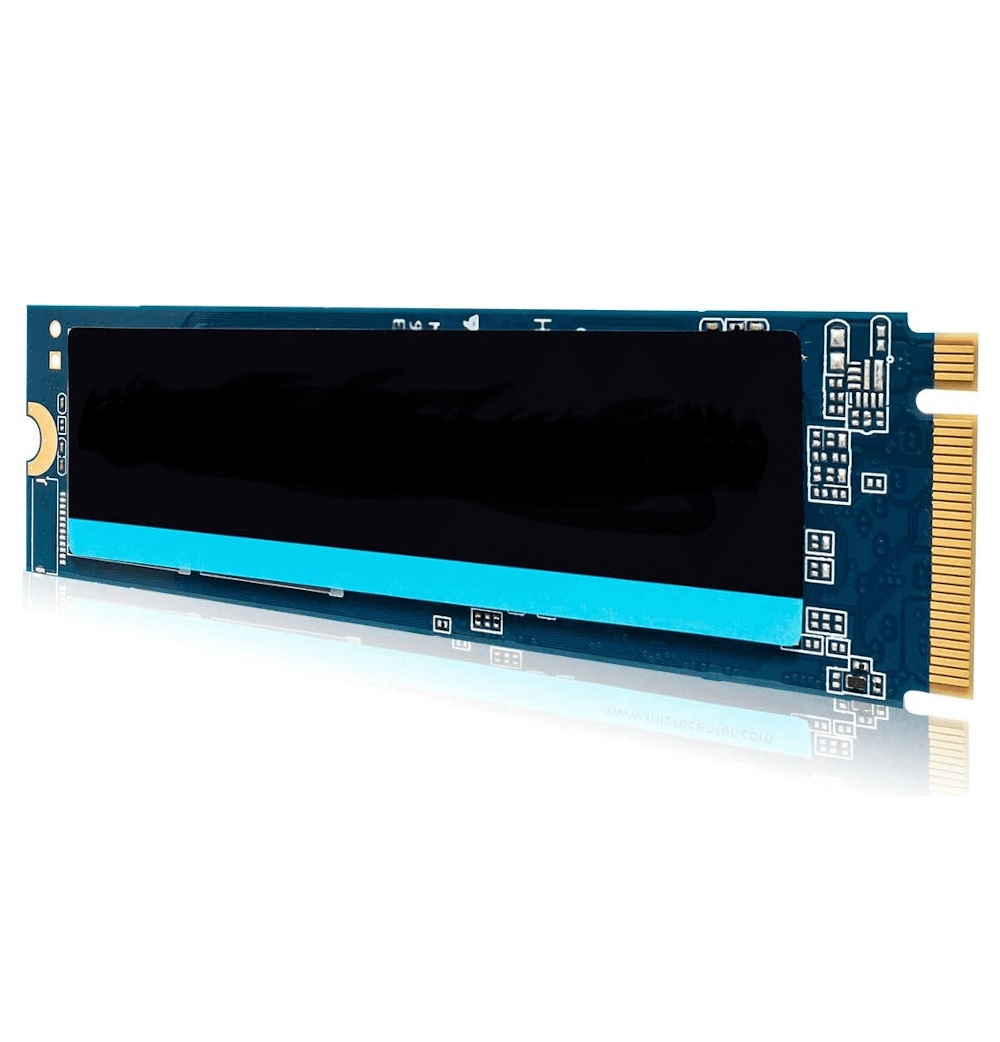 Eine blaue NVMe SSD-Karte. Sie hat einen schwarzen Mittelteil und goldene Anschlüsse auf einer Seite.