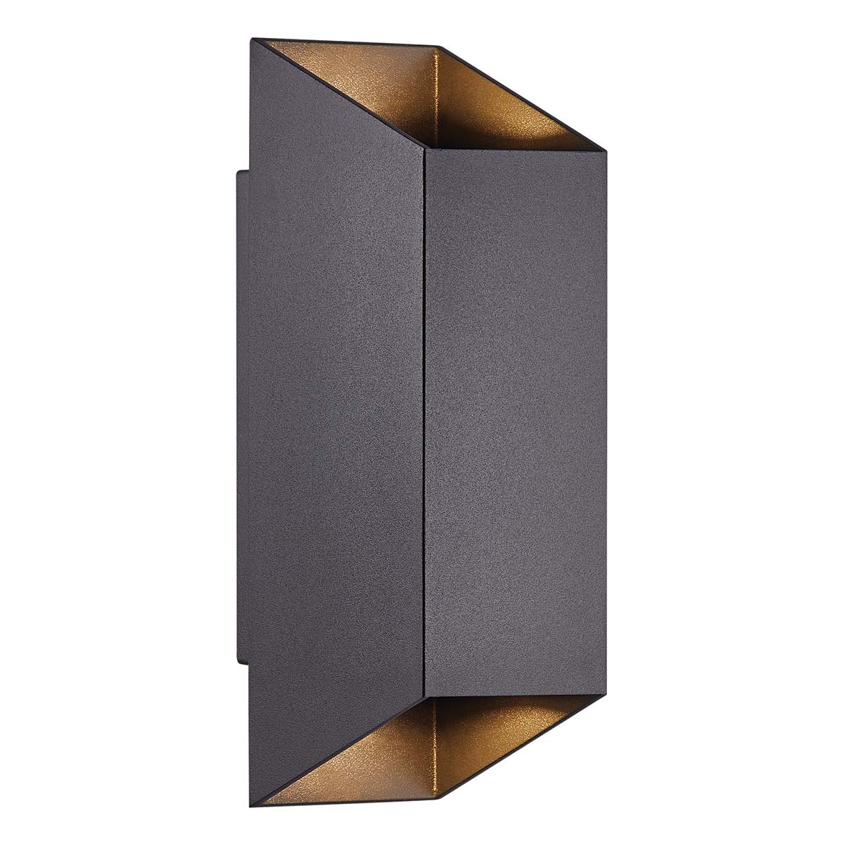 Una lámpara de pared negra con un diseño geométrico y un interior dorado.