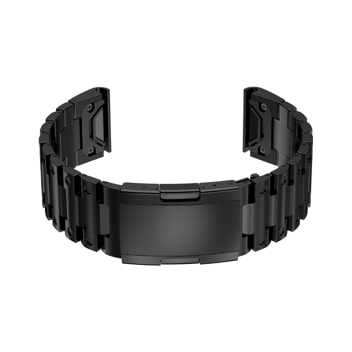 Schwarzes Metall-Uhrenarmband. Es besteht aus verbundenen rechteckigen Gliedern und hat einen Verschluss.