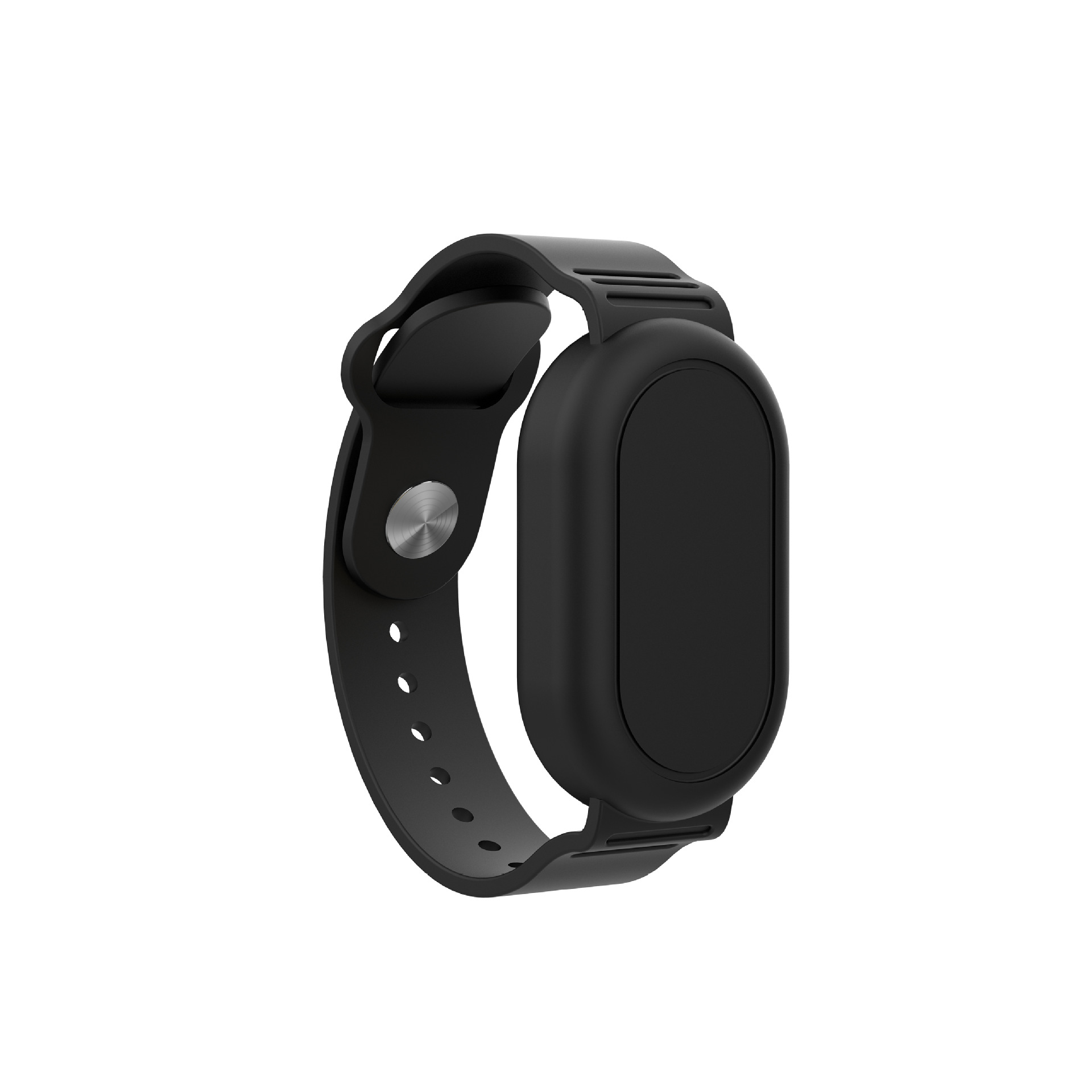 Ein schwarzes Armband mit einem oval geformten schwarzen Gerät. Das Gerät hat einen silbernen Knopf.