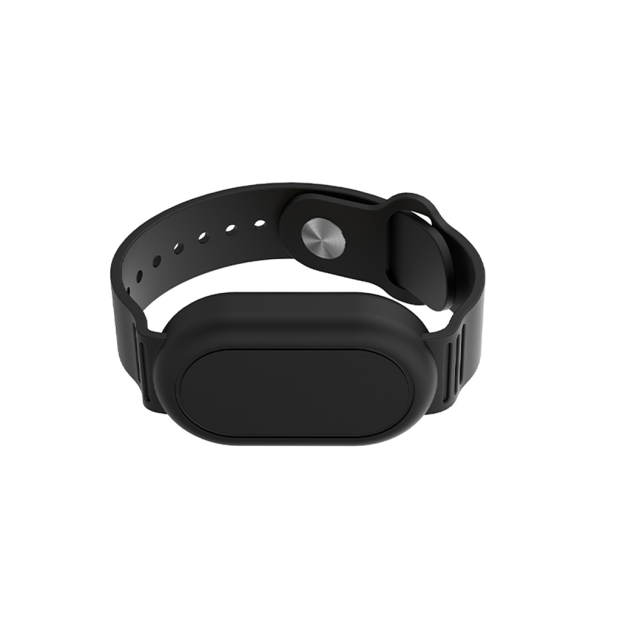 Schwarzes Smartwatch-Armband. Das Armband wird mit einem silbernen Knopf verschlossen.