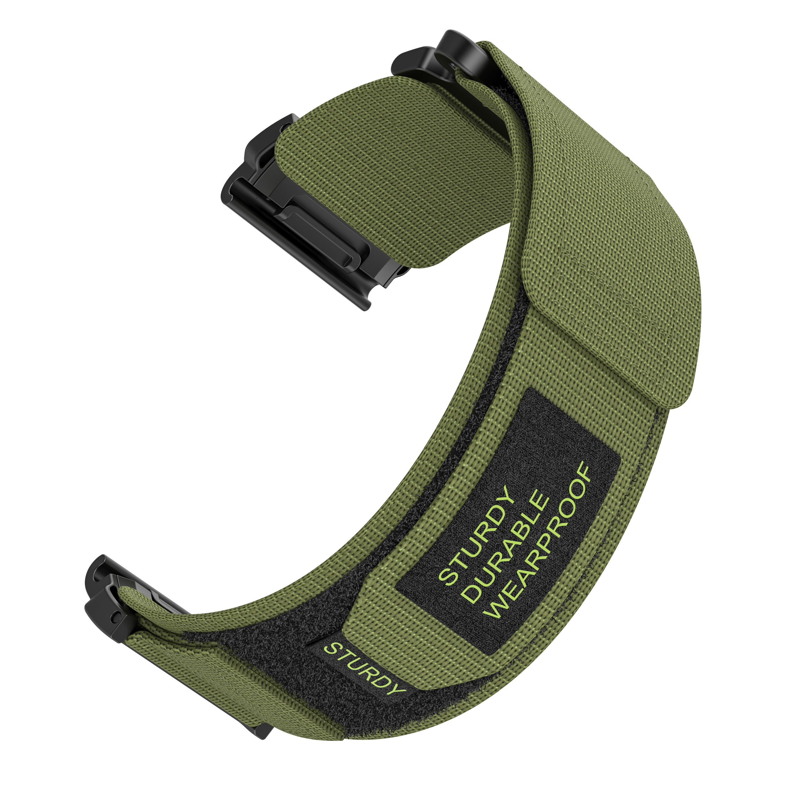 Grünes Uhrenarmband mit schwarzen Verschlüssen und einem Klettverschlussaufnäher mit der Aufschrift "Sturdy Durable Wearproof".