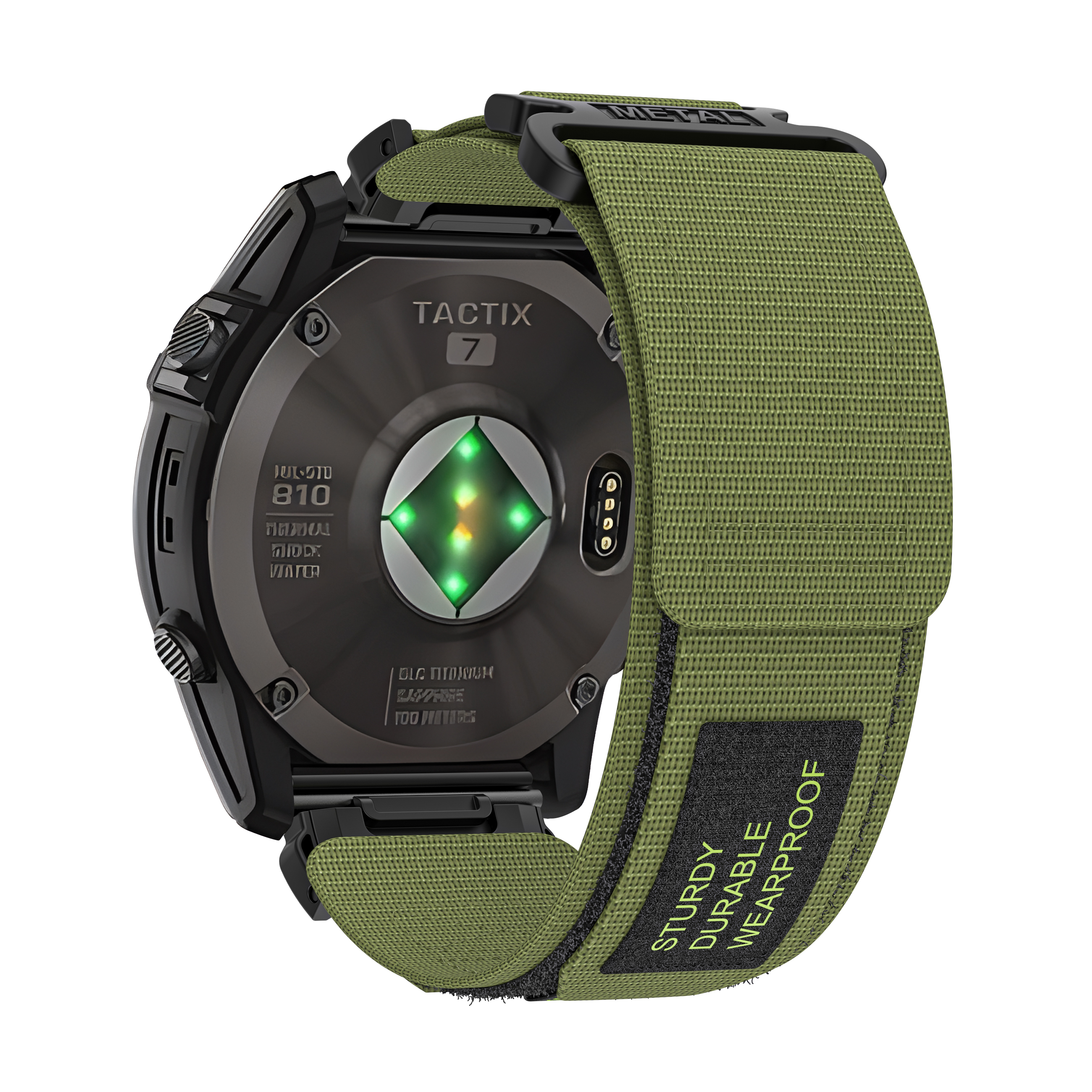 Schwarze Smartwatch mit grünem Armband. Die Uhr hat eine schwarze Lünette und Sensordetails hinten.