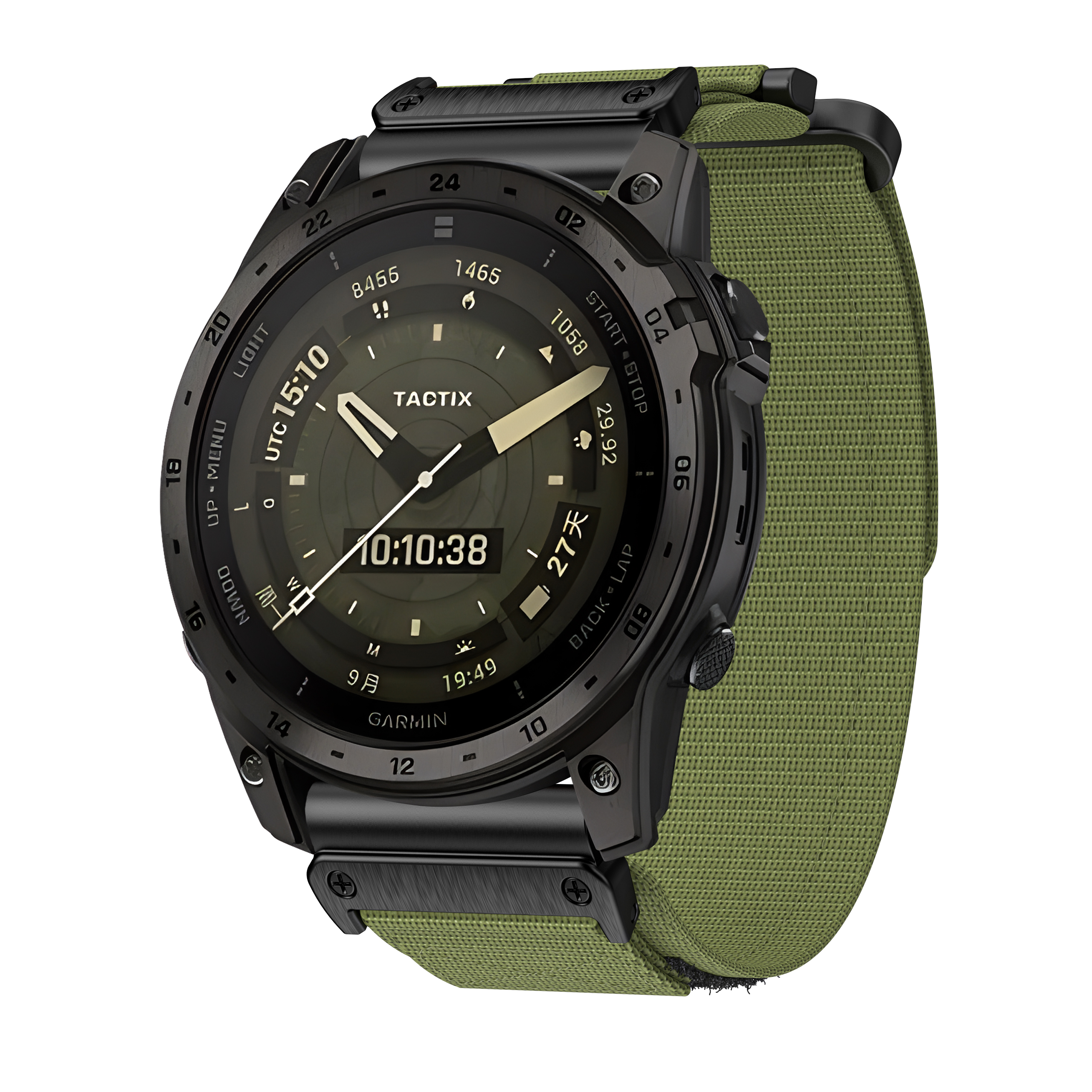 Schwarze und grüne Garmin Tactix Uhr mit grünem Armband und schwarzer Lünette.