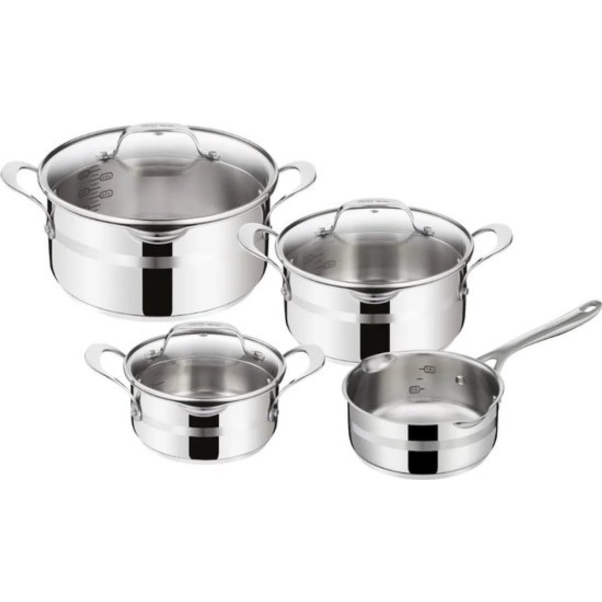 Ensemble de quatre casseroles en acier inoxydable avec couvercles en verre, différentes tailles, sur fond blanc.