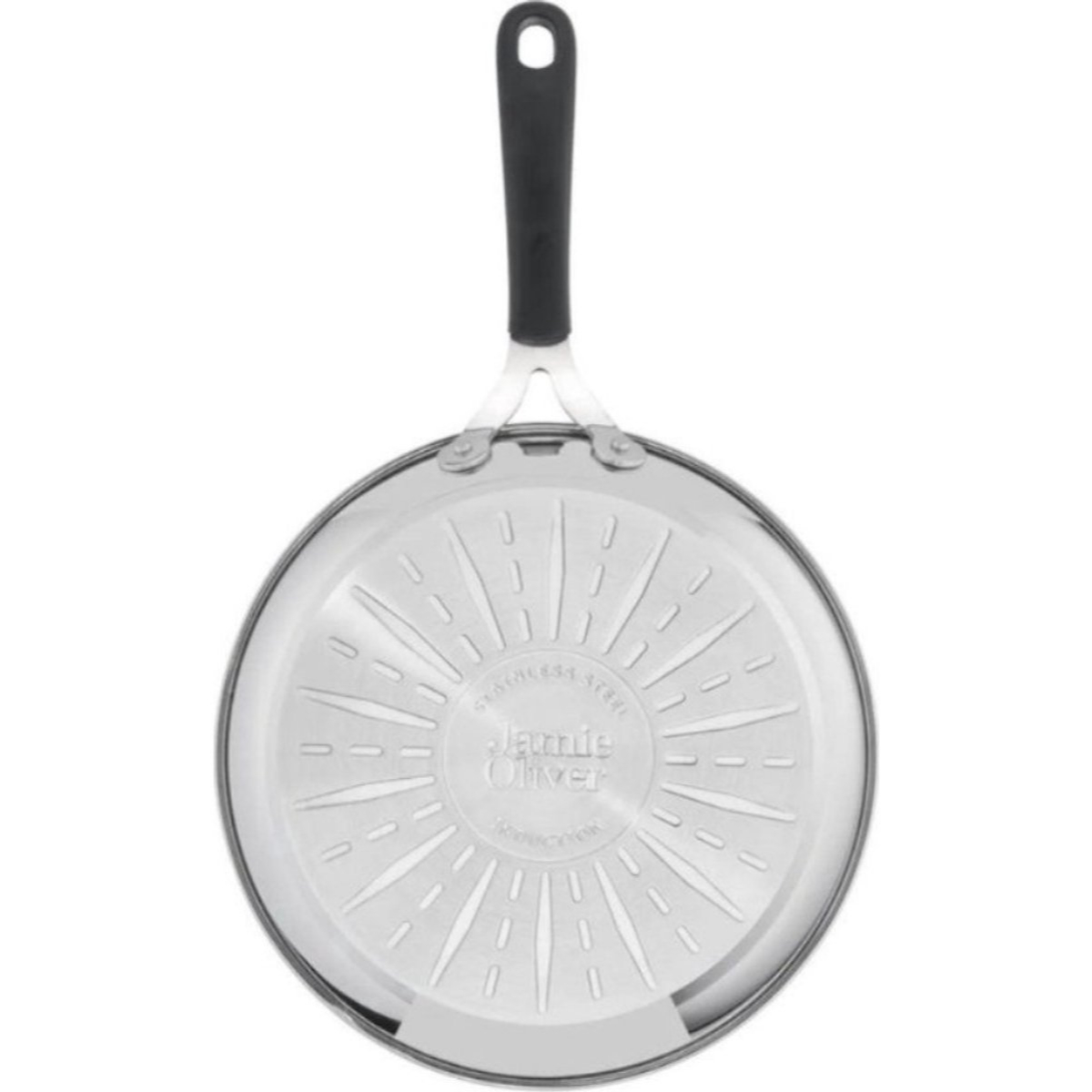 Une poêle en acier inoxydable. Le fond montre des cercles concentriques et le logo Jamie Oliver. Manche noir.