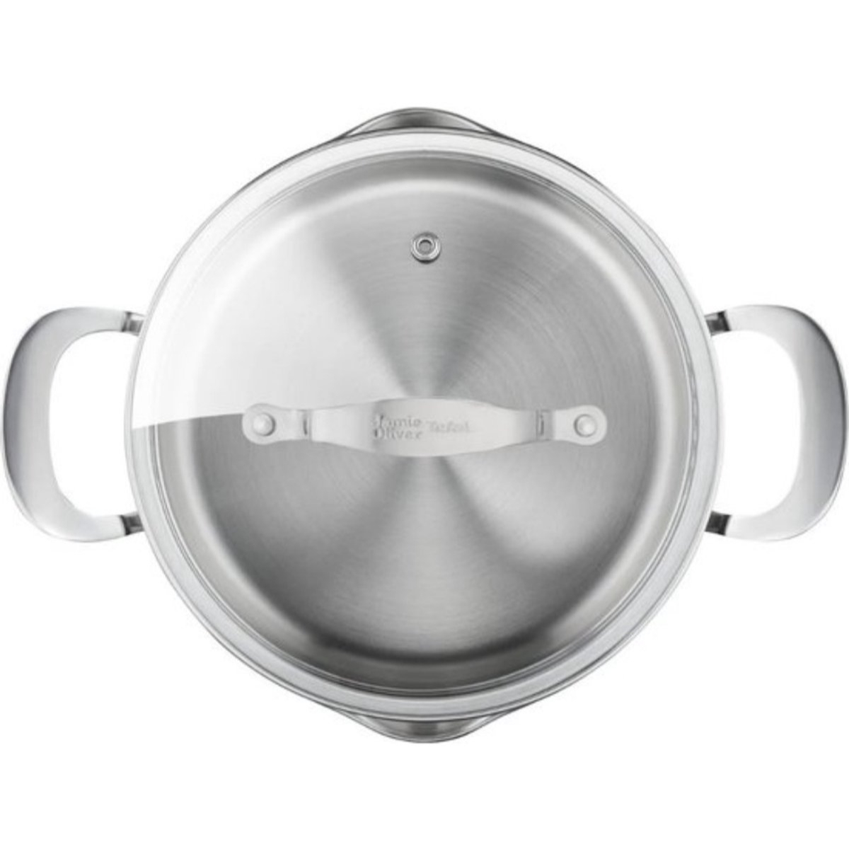 Rvs pot met een glazen deksel. De pot heeft twee handvatten. Bovenaanzicht.