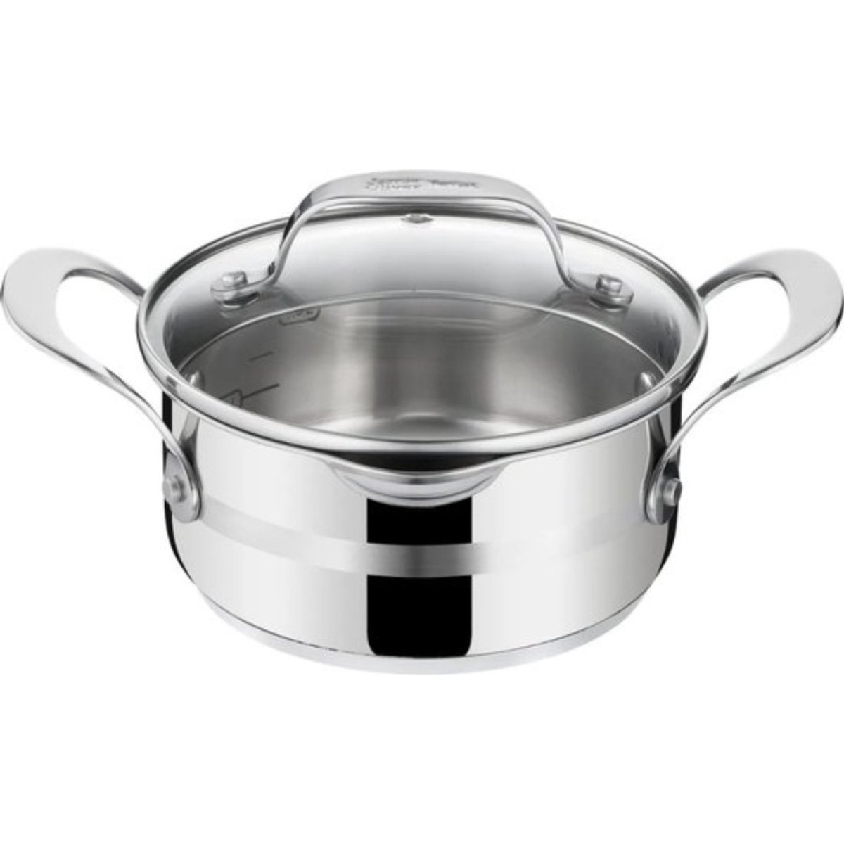 Casserole en acier inoxydable avec couvercle en verre. Elle a deux poignées et une échelle de mesure à l'intérieur.