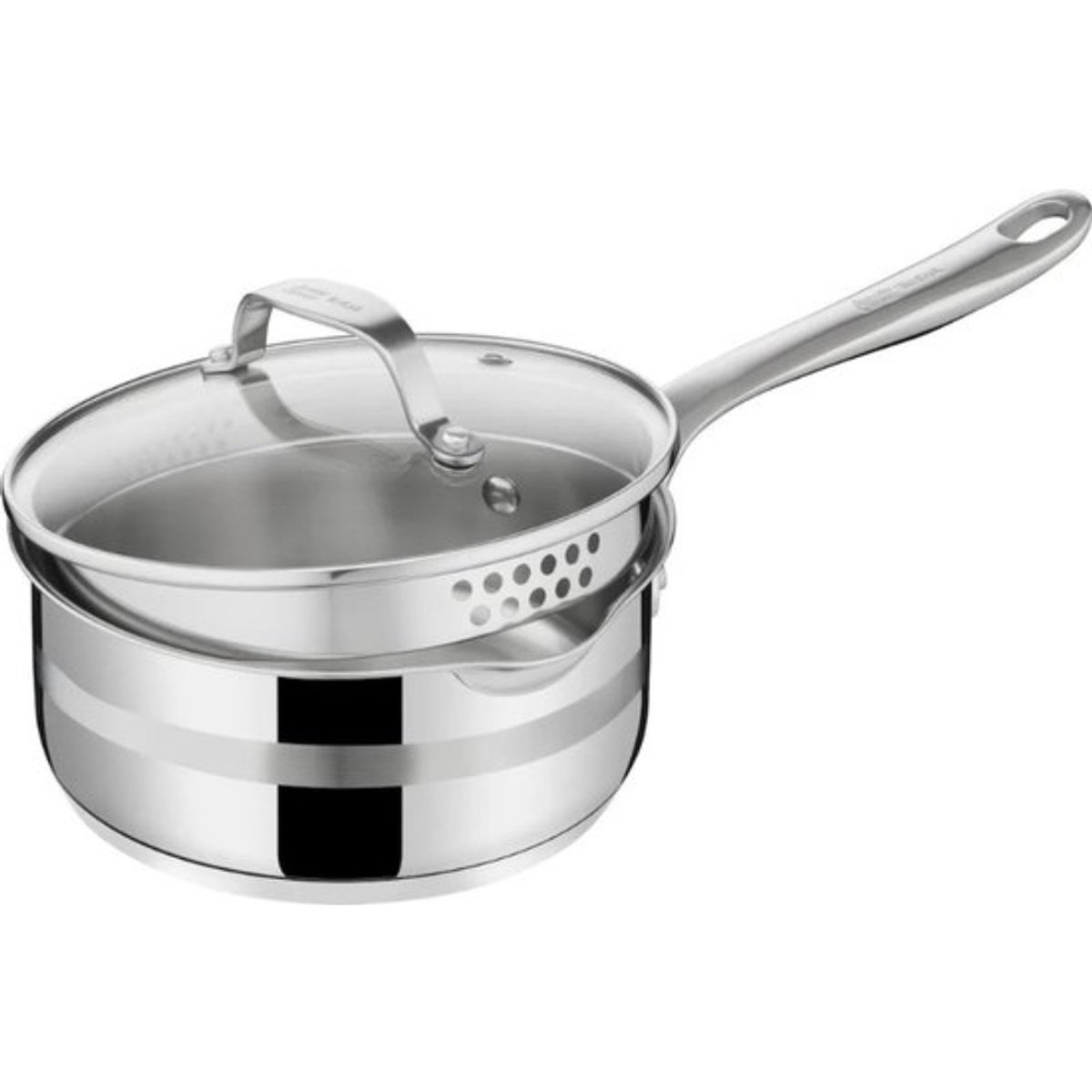 Casserole en acier inoxydable avec couvercle en verre et insert vapeur, sur surface blanche.