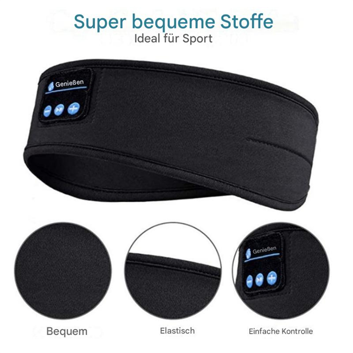 Schwarzes Stirnband mit blauen Knöpfen und Text, ideal für Sport, mit Details.