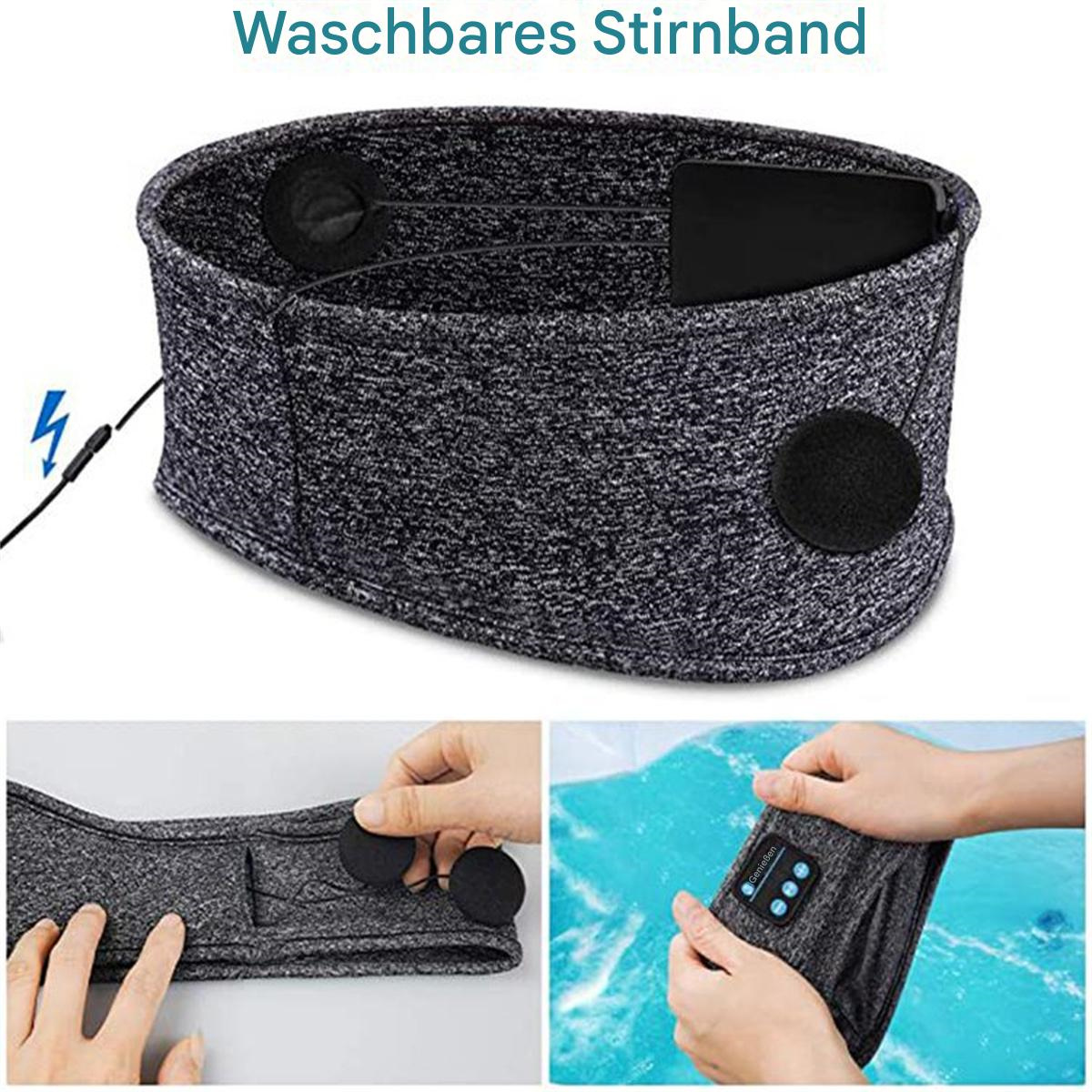 Ein graues Stirnband mit Lautsprechern, einem Ladekabel und einem Bedienfeld. Es ist schwarz und grau. Text: Waschbares Stirnband.