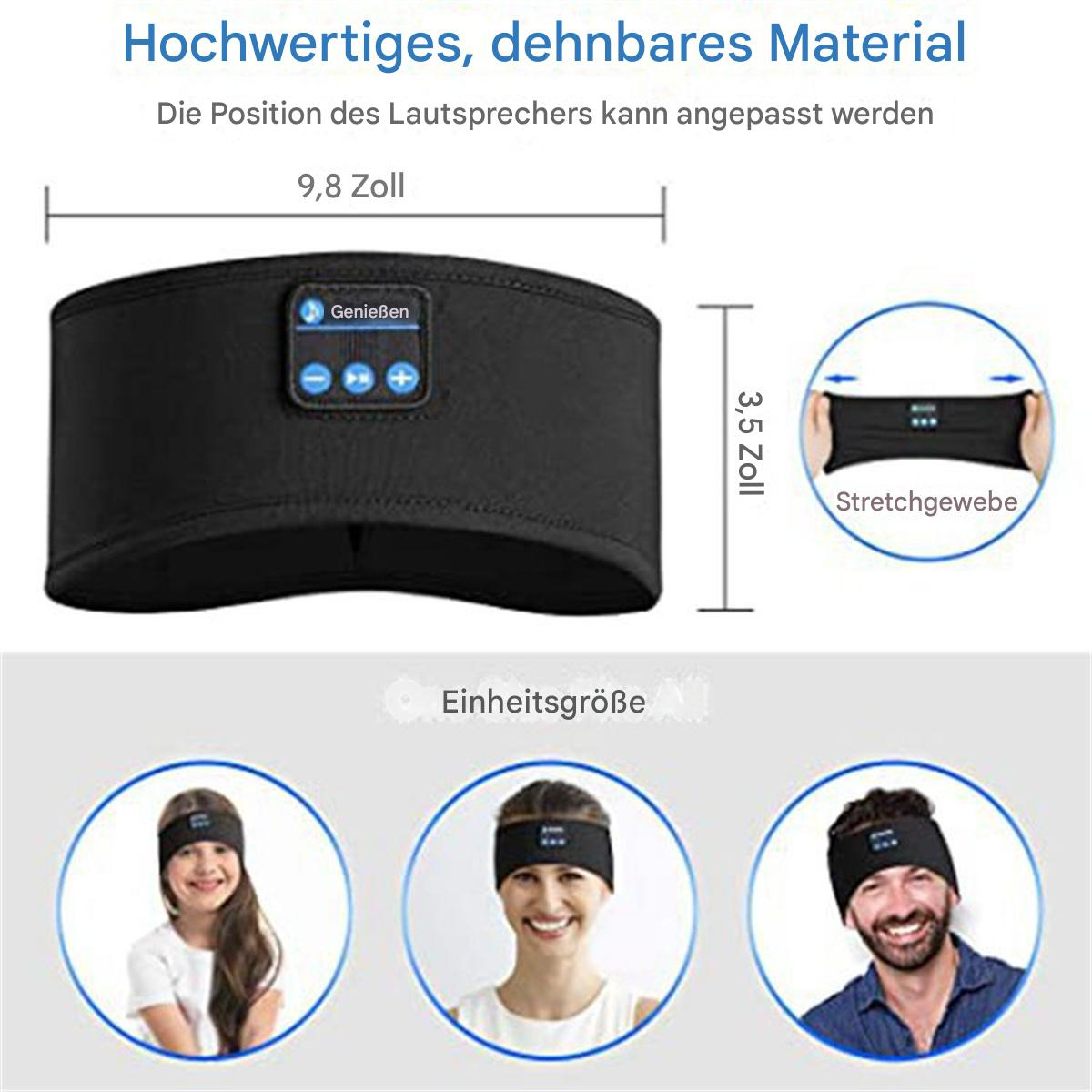 Schwarzes Stirnband mit Knöpfen und Maßen. Bilder von Personen, die das Stirnband tragen.
